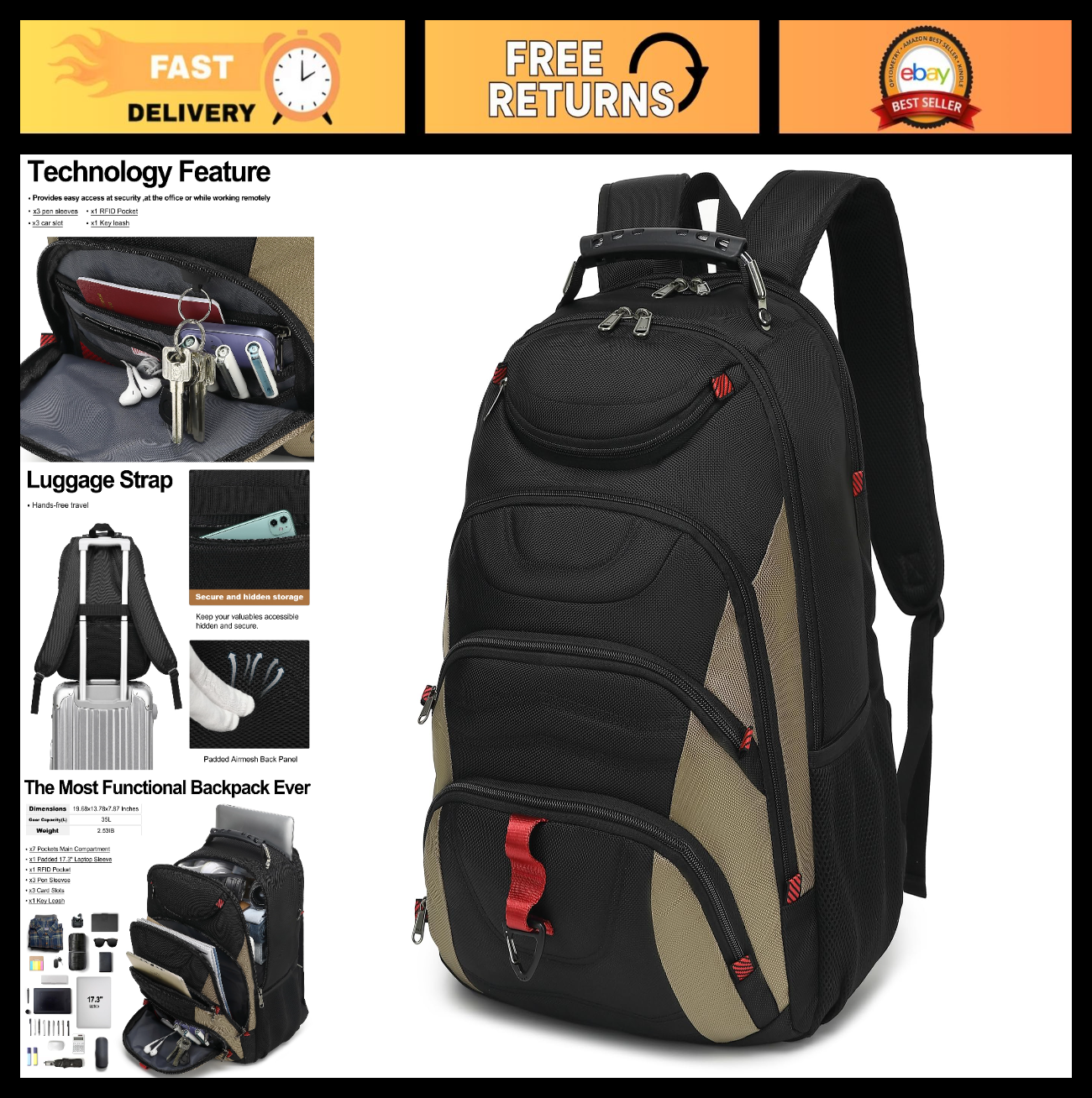 17.3" Waterproof Laptop Backpack with USB Port, Anti Theft Travel Bag for Work &0