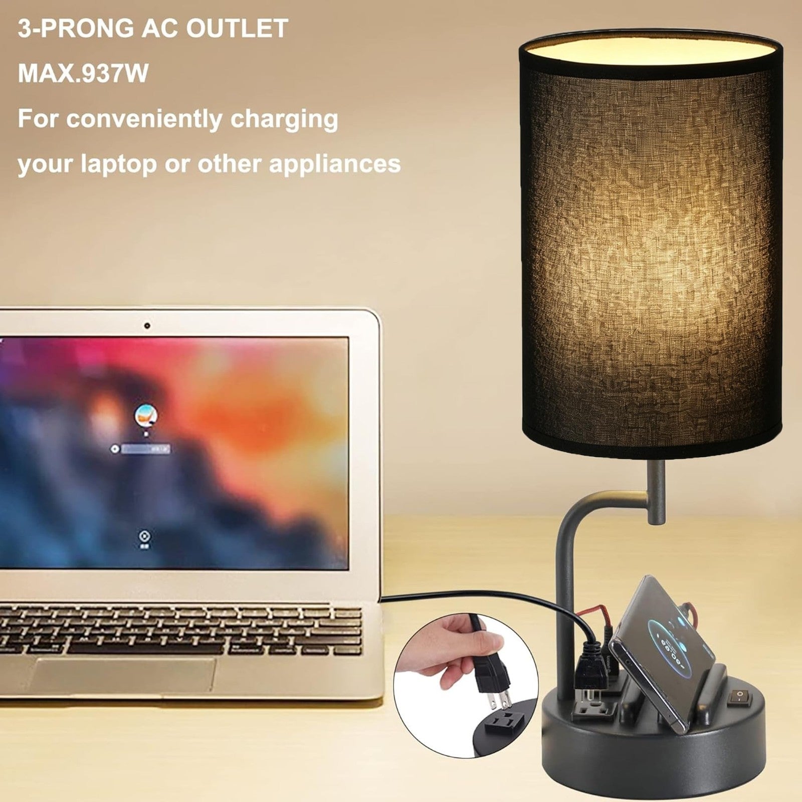 Modern Table Lamp with 3 USB Ports & AC Outlet, Bedside Desk Light, 2 Pack, Blac3