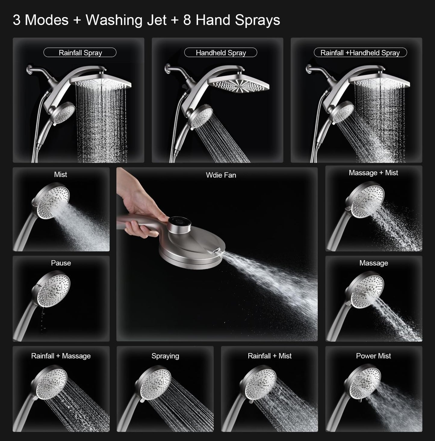 12" High Pressure Rain Shower Head & Handheld Combo, 9 Spray Settings, Magnetic3