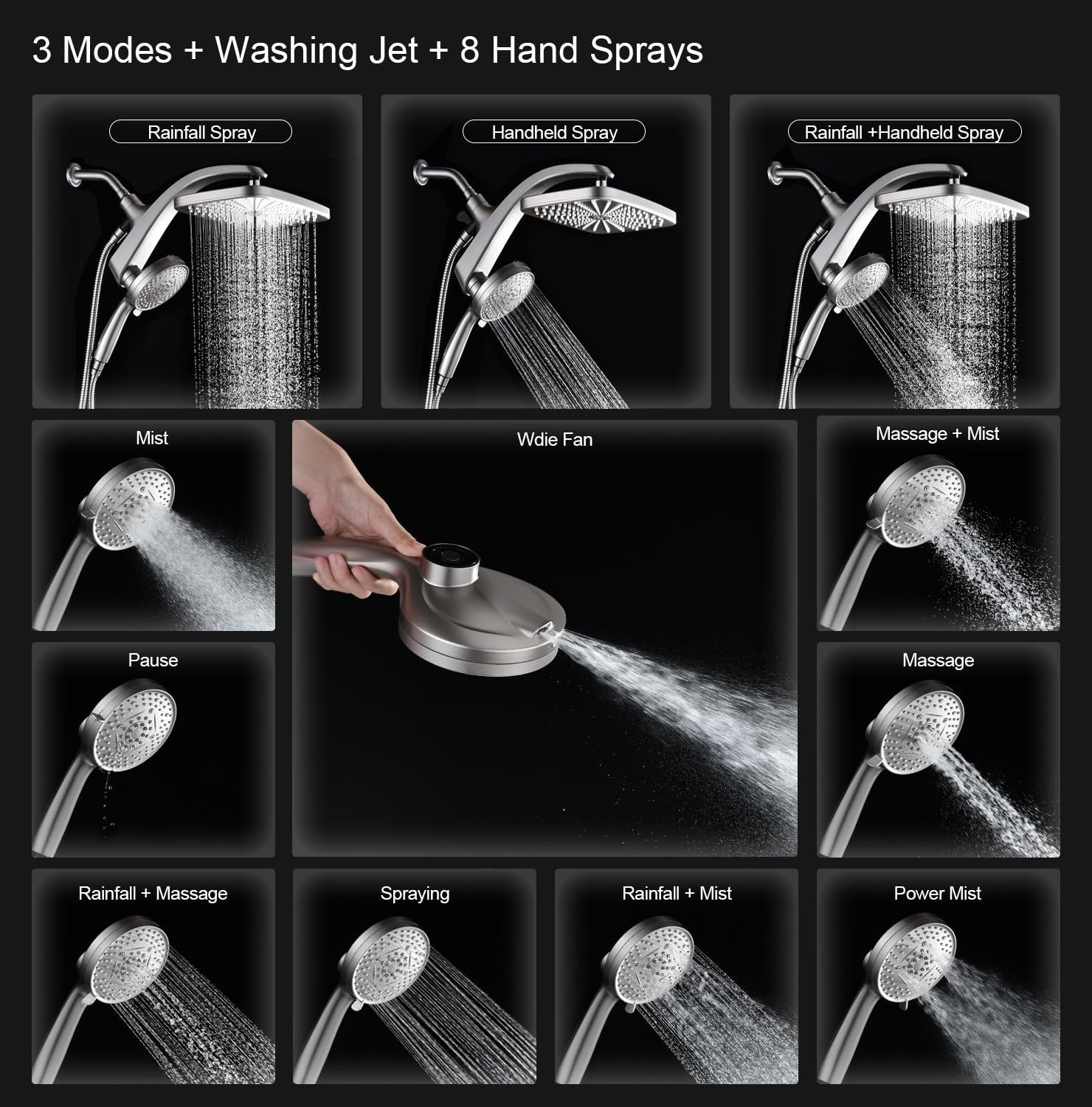 12" High Pressure Rain Shower Head & Handheld Combo, 9 Spray Settings, Magnetic3