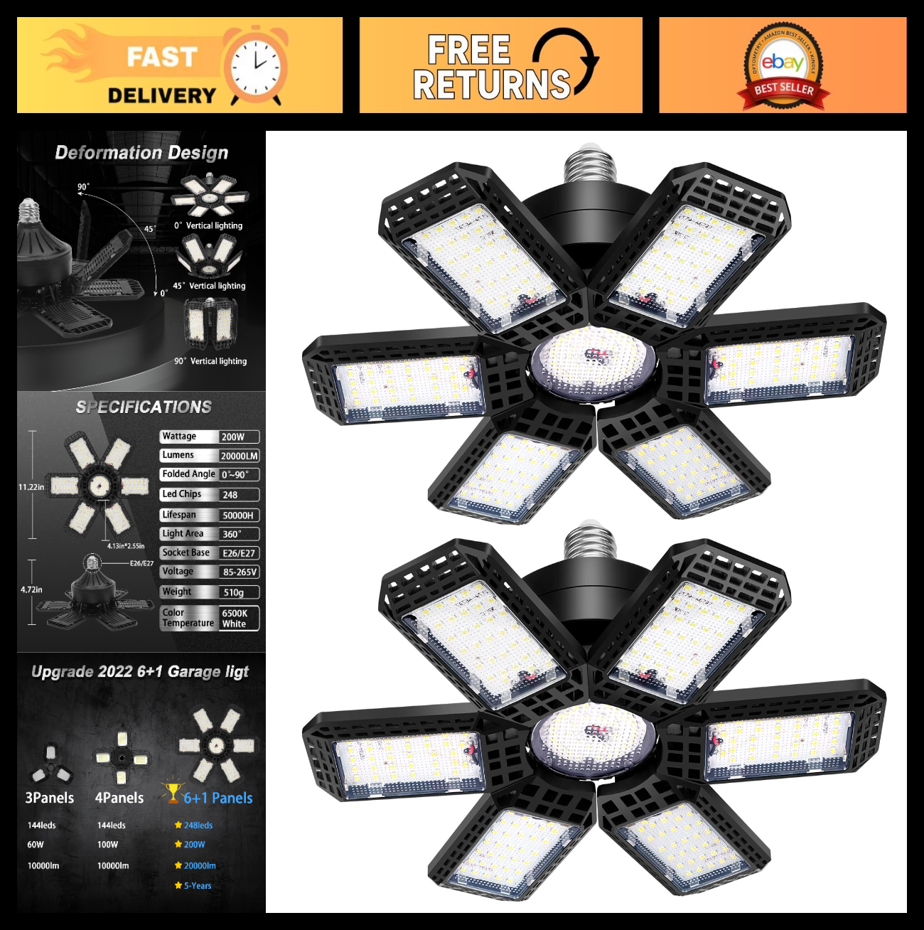 2 Pack 200W LED Garage Lights, 20000LM Deformable Ceiling Bulbs, E26/E27 Socket,0
