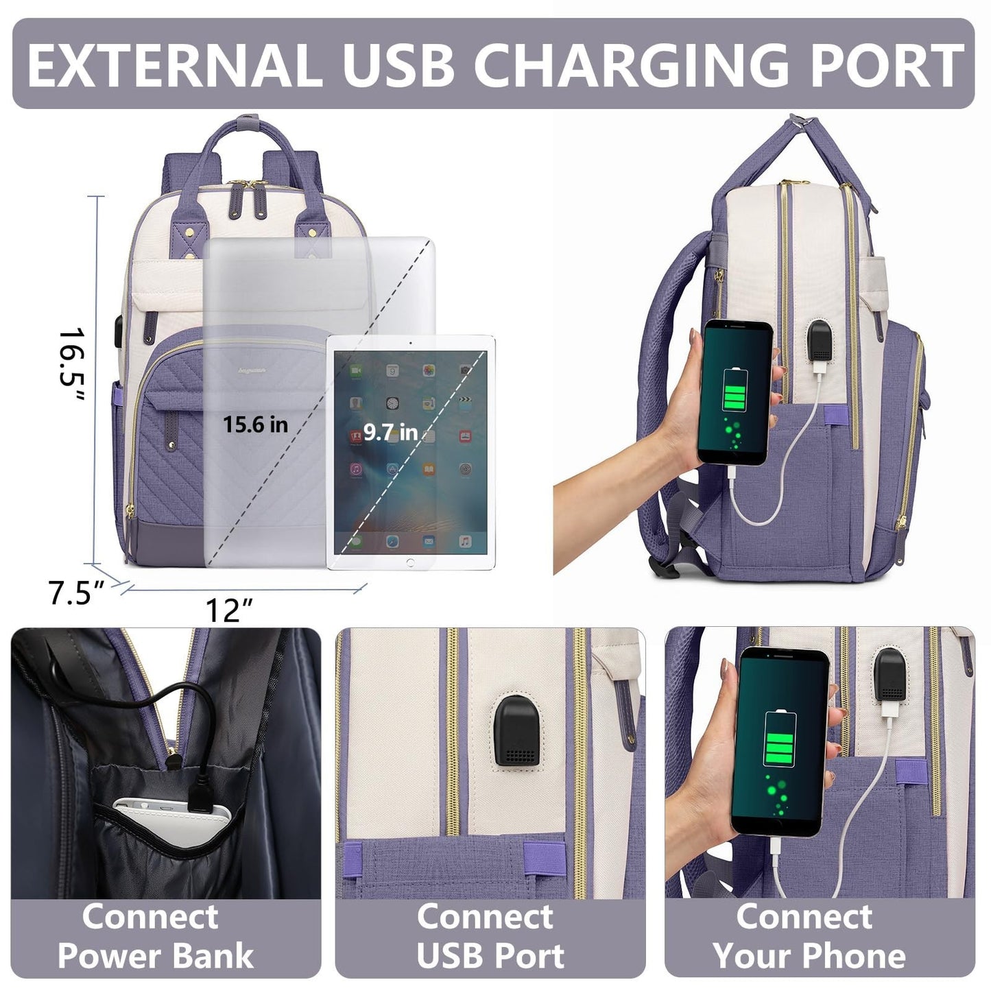 Stylish 15.6" Laptop Backpack for Women & Teens   USB Charger, Waterproof, Casua3