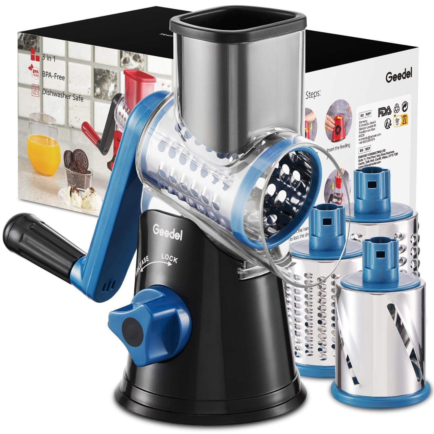 Rotary Cheese Grater & Vegetable Slicer   3 Blades, Easy Clean, Suction Base, BP1