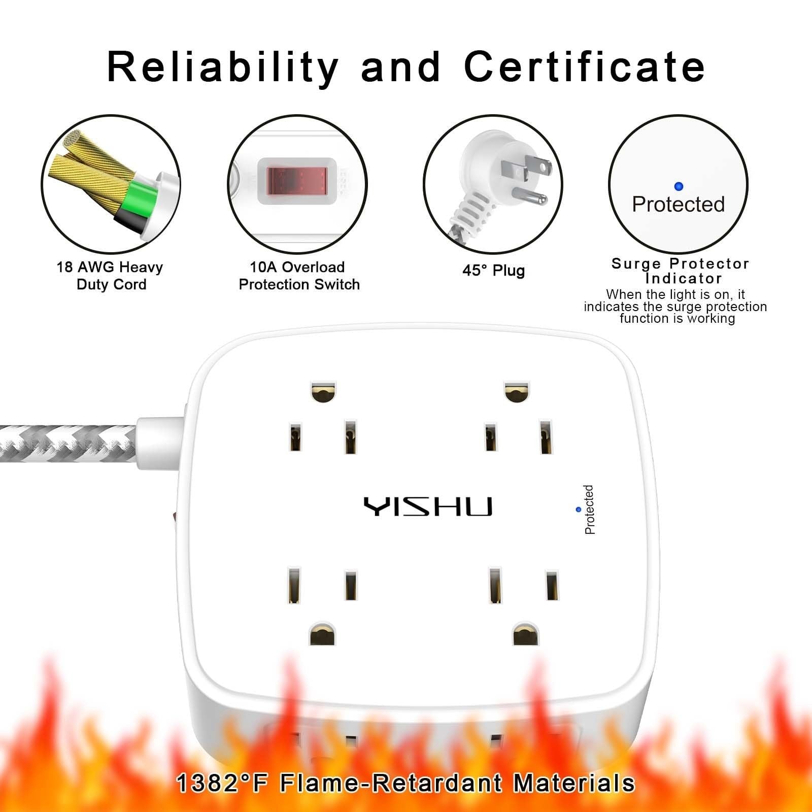 8 Outlet Surge Protector Power Strip with 4 USB Ports, 10Ft Braided Cord, Flat P5