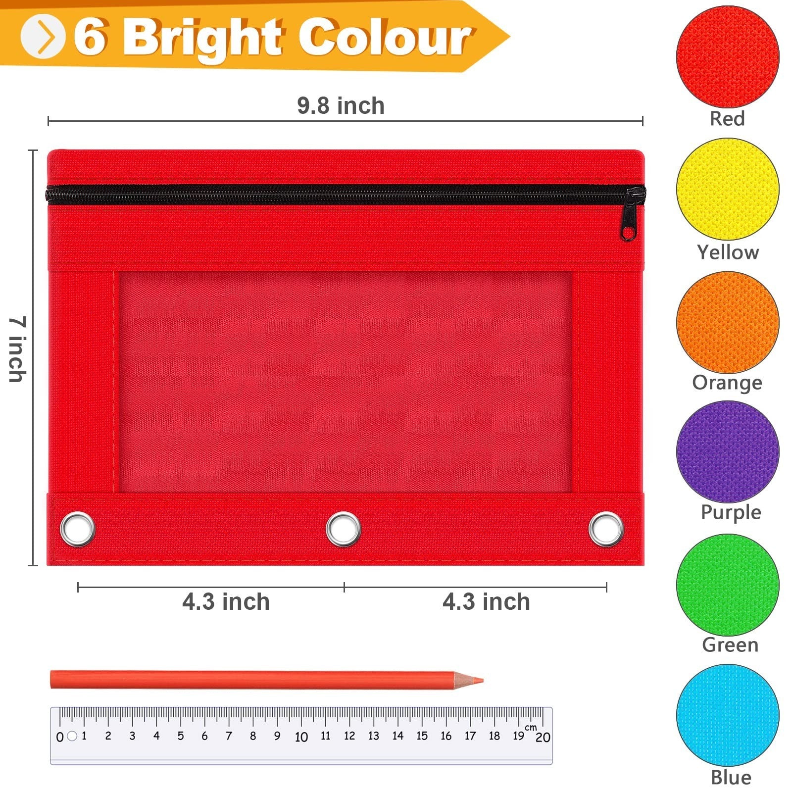 Bulk Zipper Pencil Pouches for 3 Ring Binder   36 Pack, 6 Colors, Clear Window,1