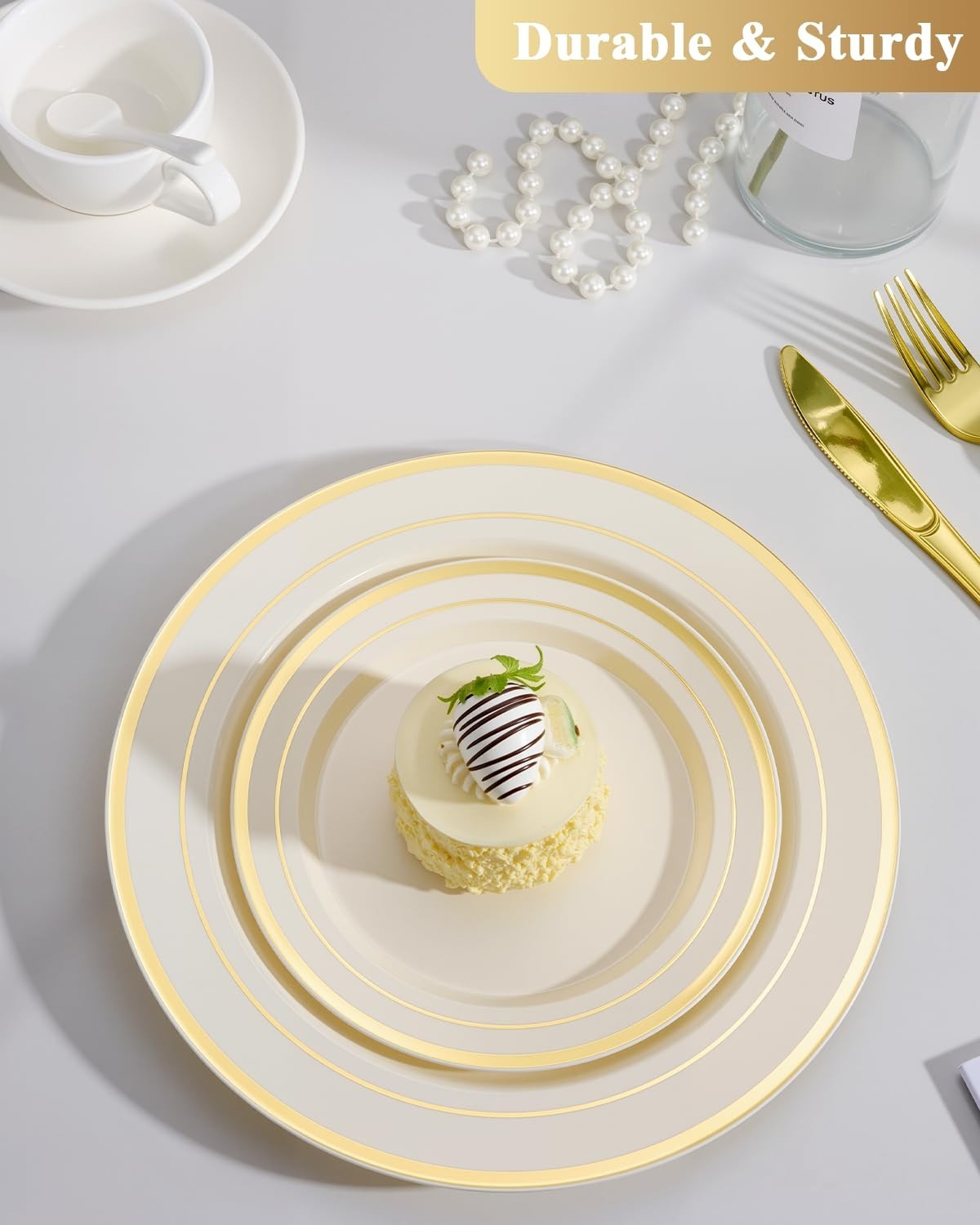 200 PCS Ivory Gold Heavy Duty Disposable Plates | 100 Dinner & 100 Dessert Plate4