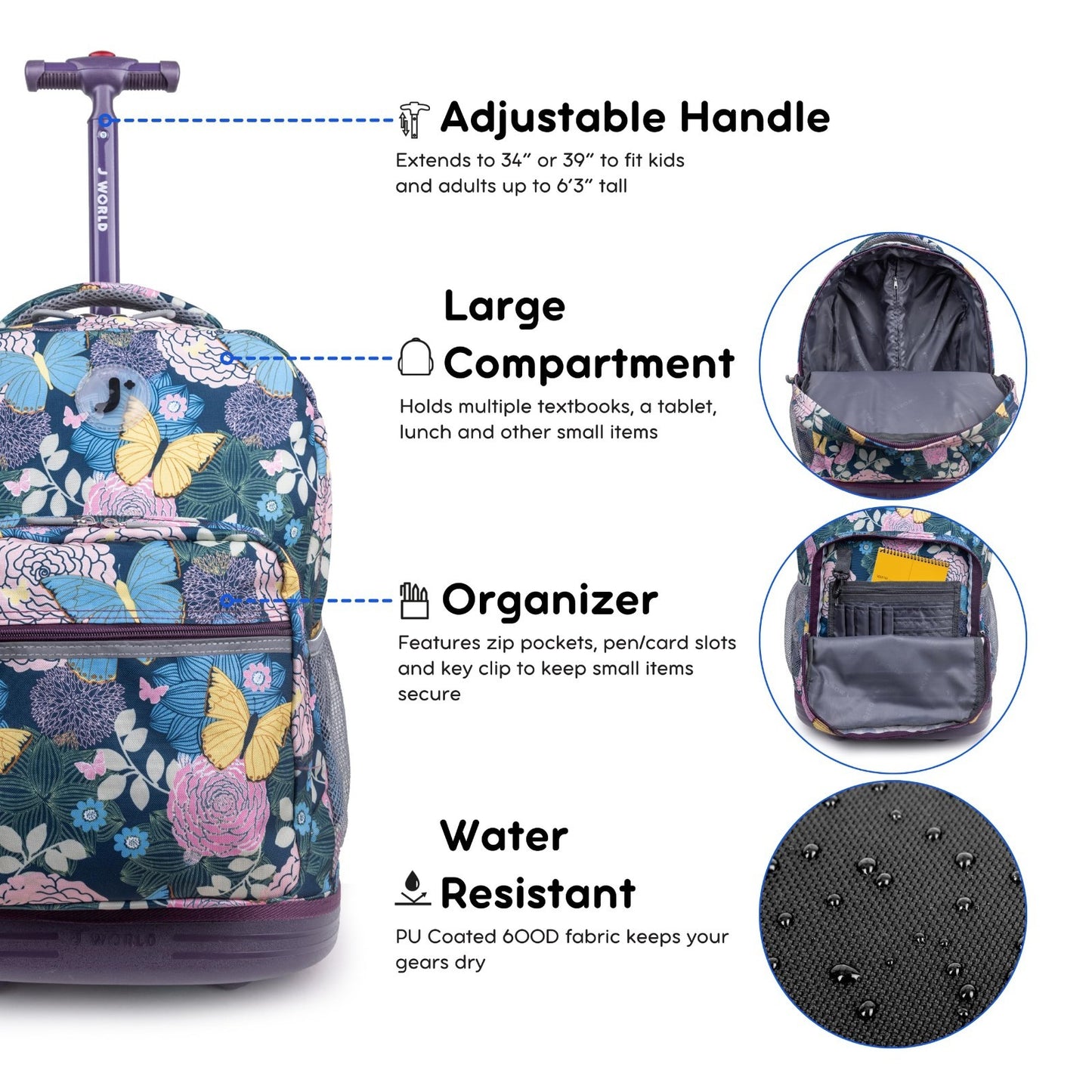 Kids Rolling Backpack with Wheels, 18" School Bookbag for Girls & Boys, Floral D5