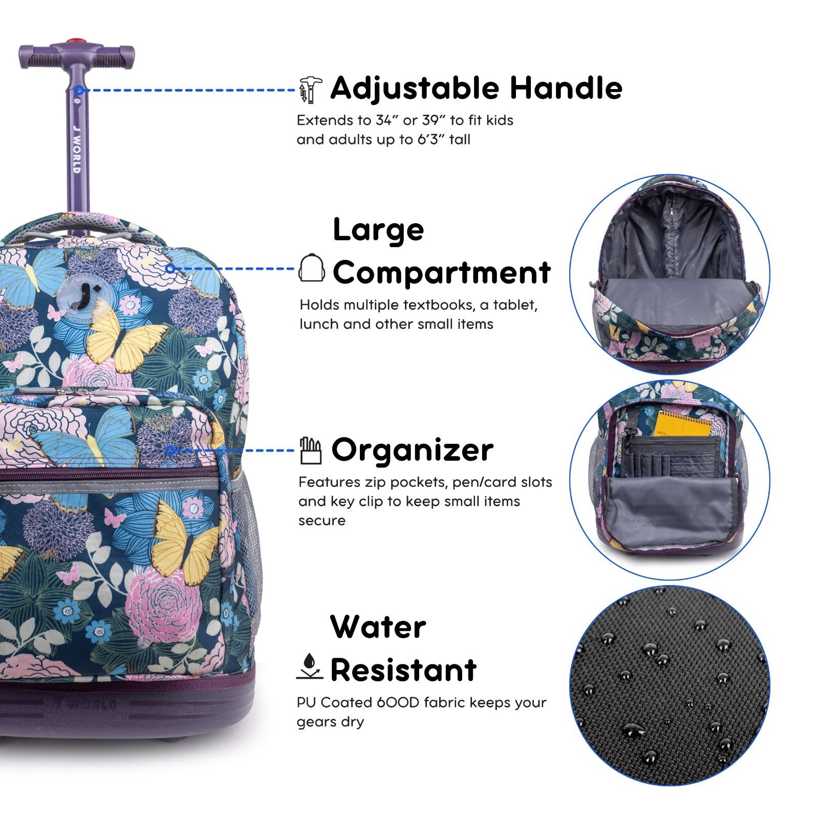Kids Rolling Backpack with Wheels, 18" School Bookbag for Girls & Boys, Floral D5