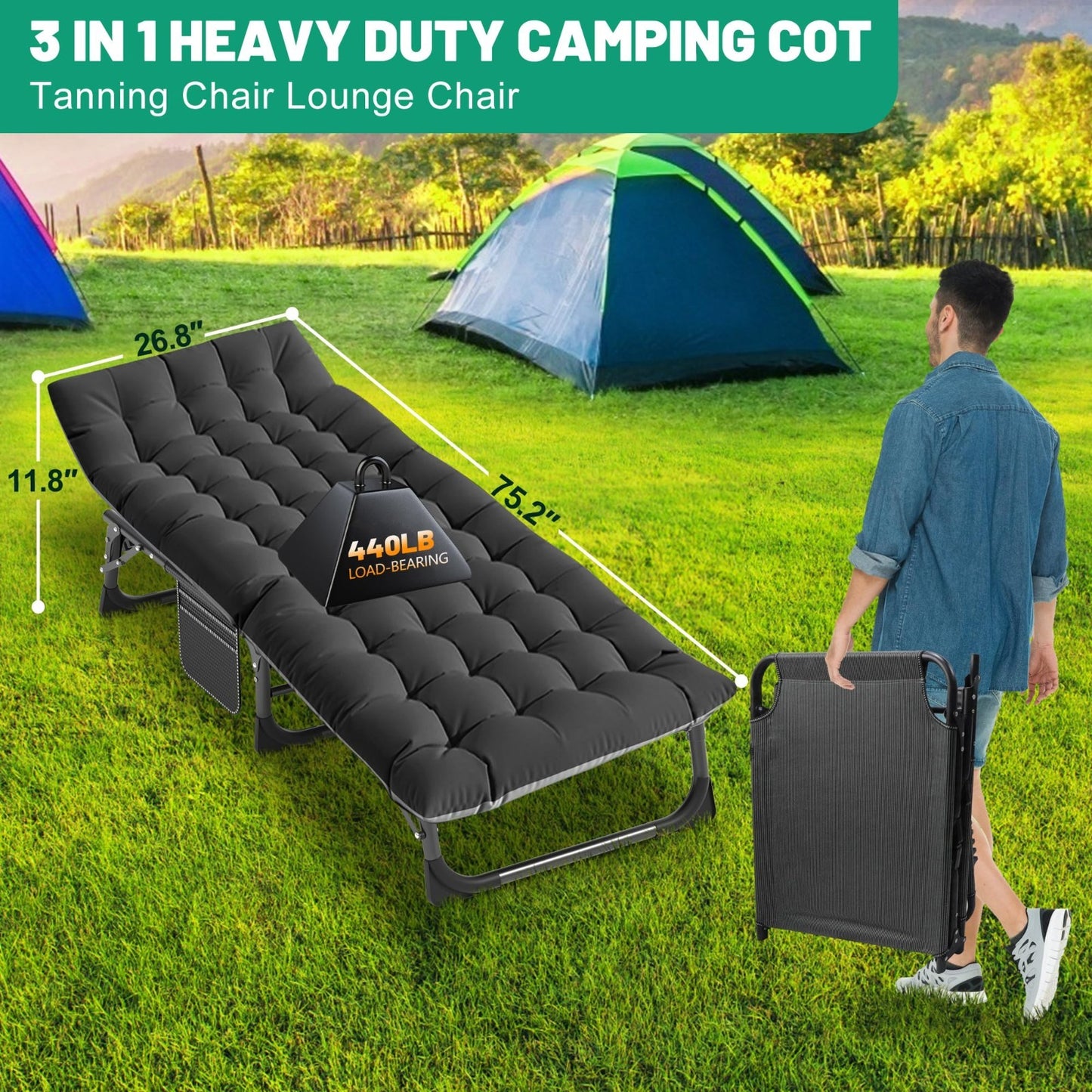 Folding Camping Cot for Adults   5 Position Adjustable, 440LBS Capacity, Padded4