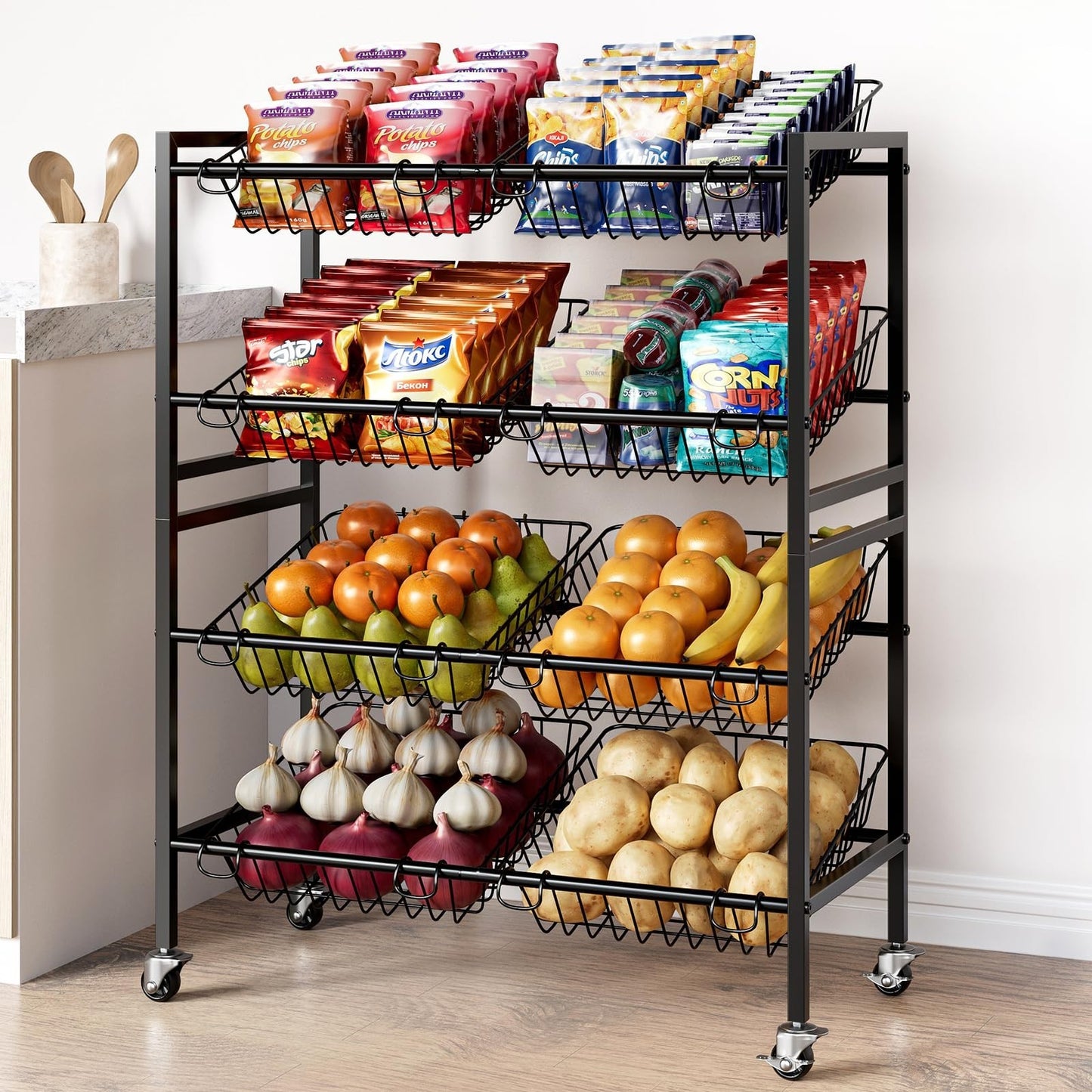 25.2" Kitchen Storage Cart   4 Tier Snack Cart with Wheels, Metal Fruit & Vegeta4