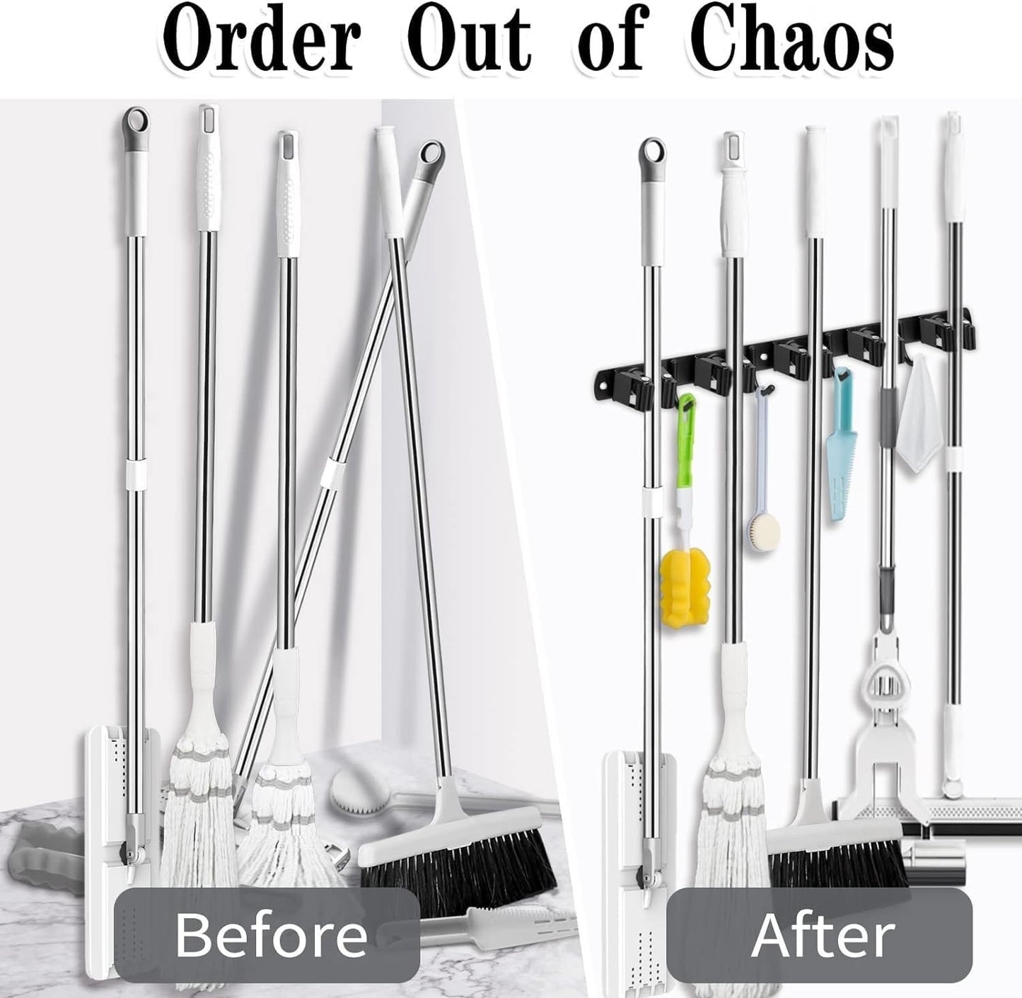 Wall Mount Broom Holder with 5 Racks & 4 Hooks - Mop & Broom Organizer Storage4