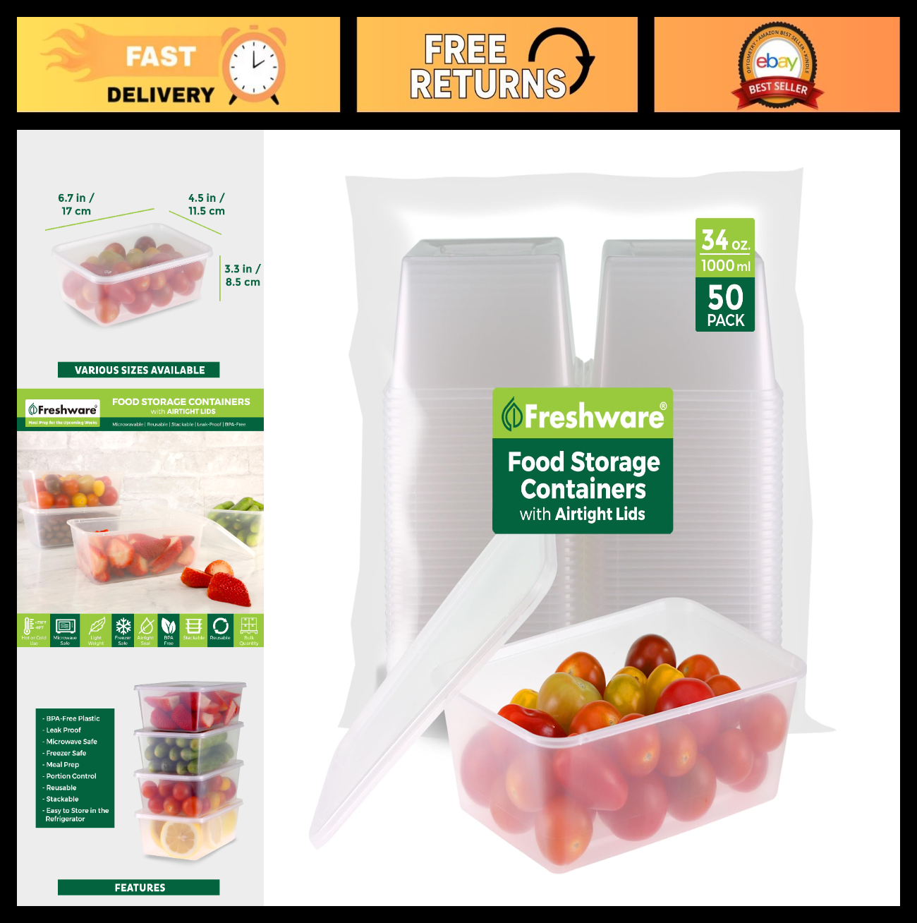 50 Pack 34 oz Plastic Food Storage Containers with Lids - Leakproof, BPA Free, S0
