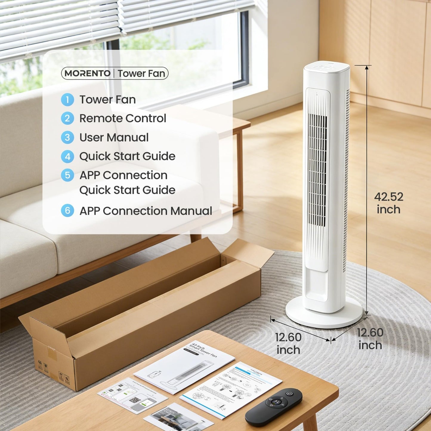 43" Smart Tower Fan   90° Oscillation, 12H Timer, 4 Modes & Speeds, Quiet 28dB,8