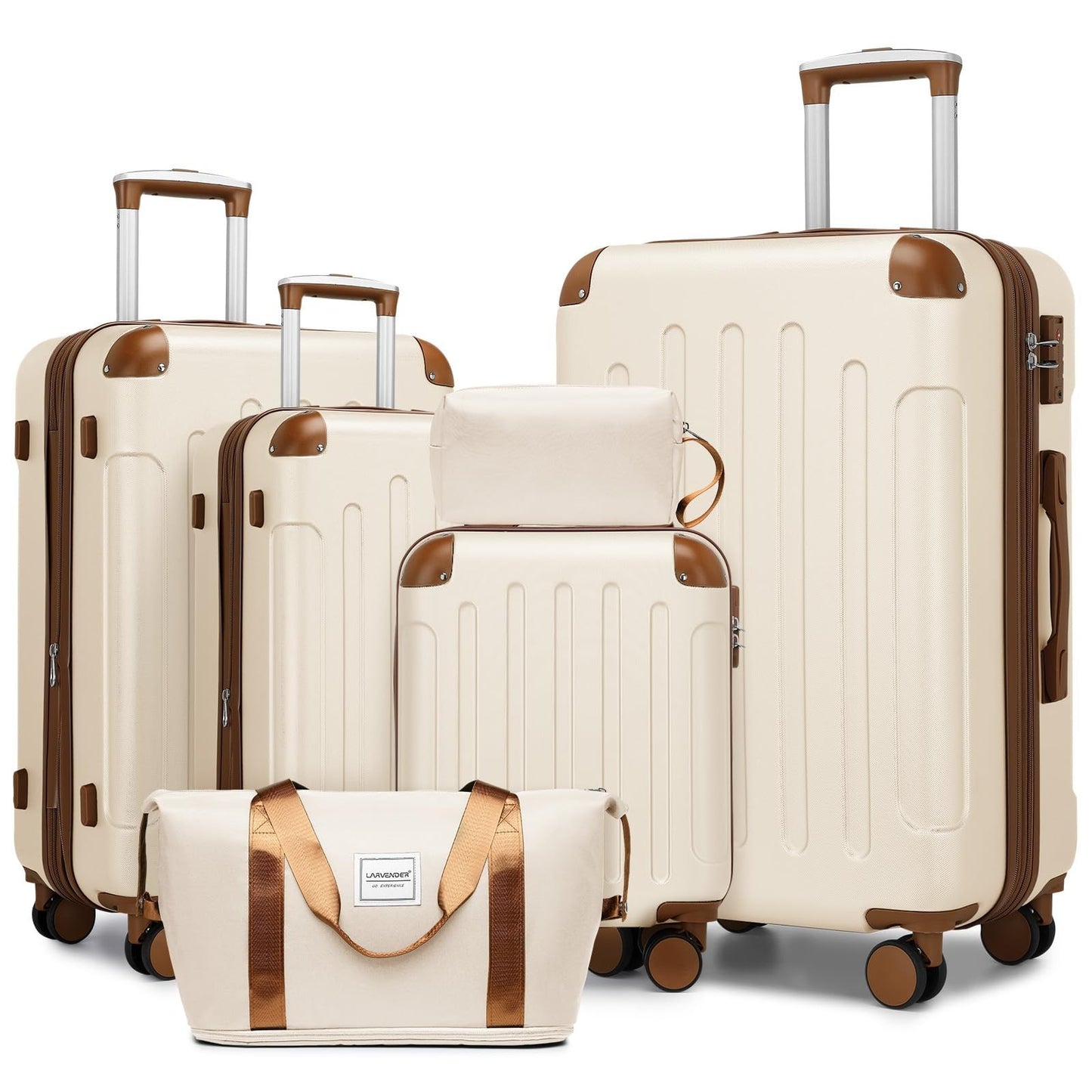Expandable 6-Piece Luggage Set, Cream/Brown, Lightweight ABS, TSA Lock, 360° Whe1