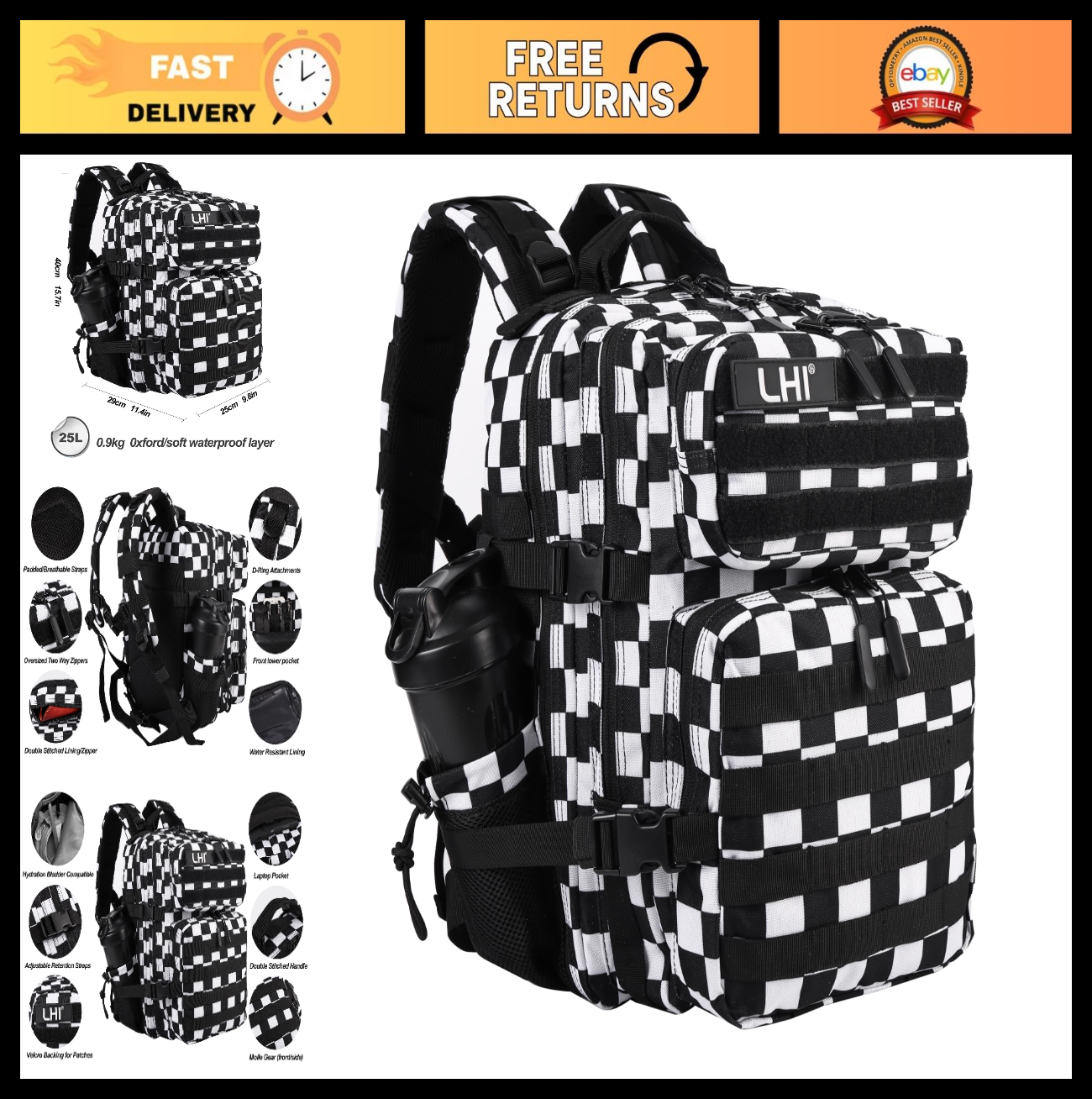 Tactical Military Backpack 25L/35L   Army Assault Pack, Small Rucksack, Bottle H0