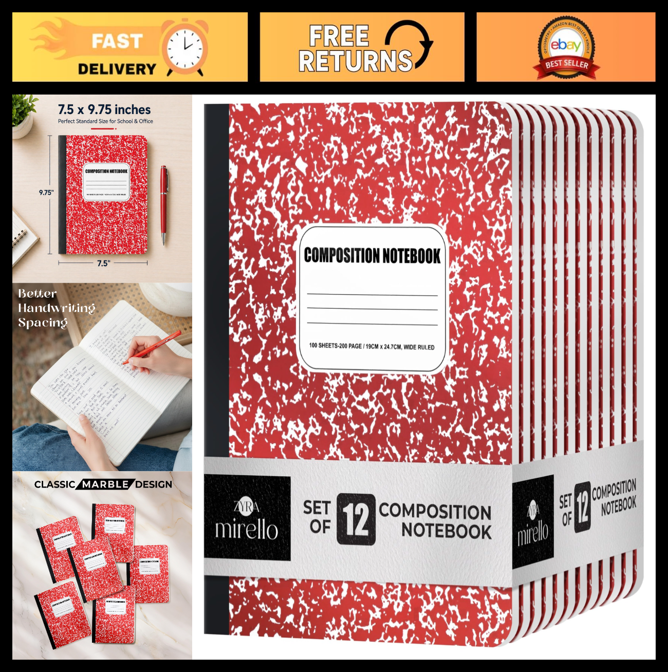 12 Pack Composition Notebooks - Wide Ruled, 100 Sheets Each, Durable Hard Cover,0