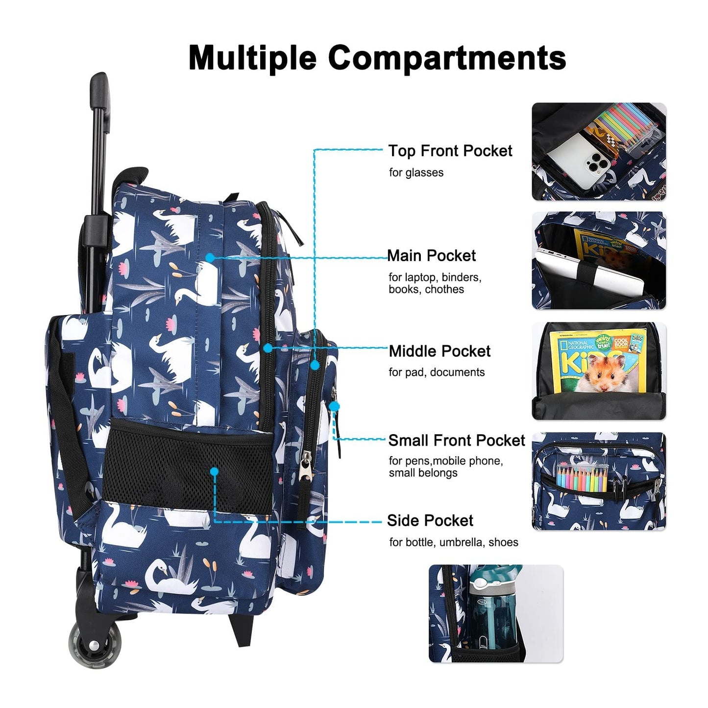 Wheeled Kids Backpack 18" Rolling Bag with Lunch Bag, Double Handle, Swan Blue4