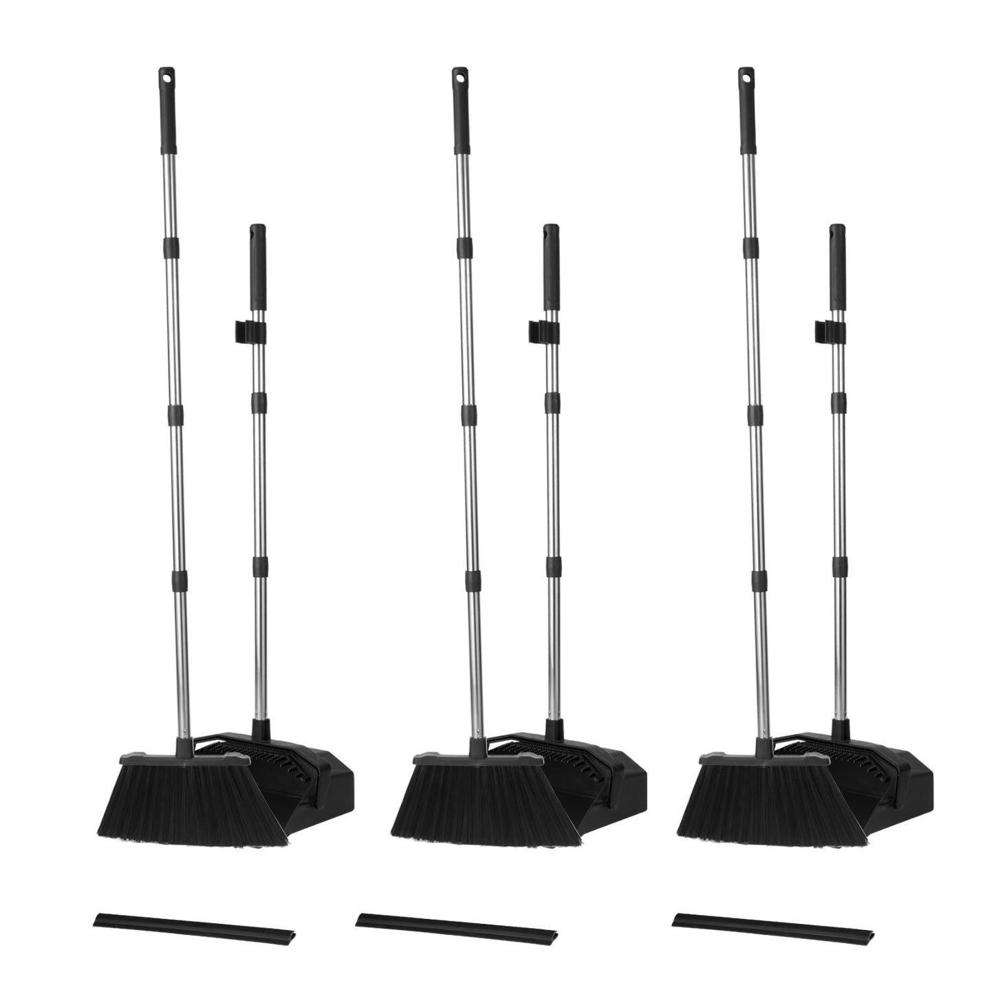 3-Pack Commercial Broom & Dustpan Set, 51'' Long Handle, Self-Cleaning Teeth, Id1