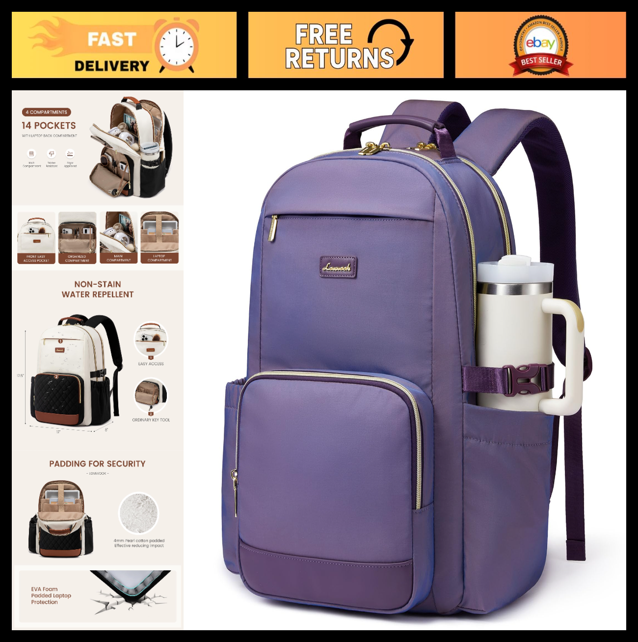 Stylish Waterproof Laptop Backpack for Women, 15.6" Computer Bag, Large Capacity0