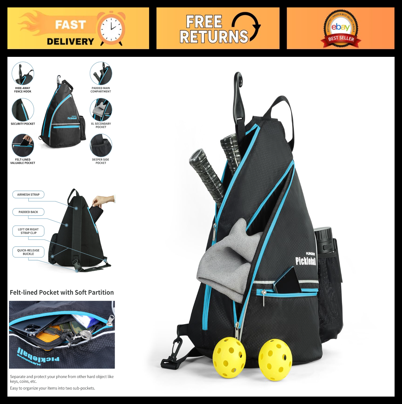 Large Capacity Pickleball Backpack with Fence Hook, Water-Resistant, Padded, Qui6