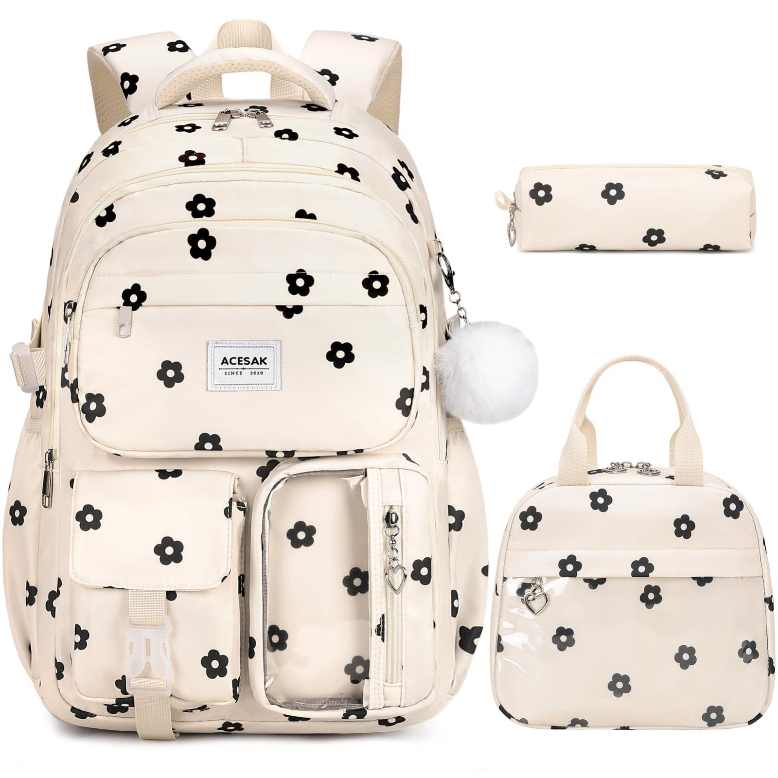 Stylish Girls Backpack with Lunch Bag & Pencil Pouch   Teen Laptop Bookbag, Flor1