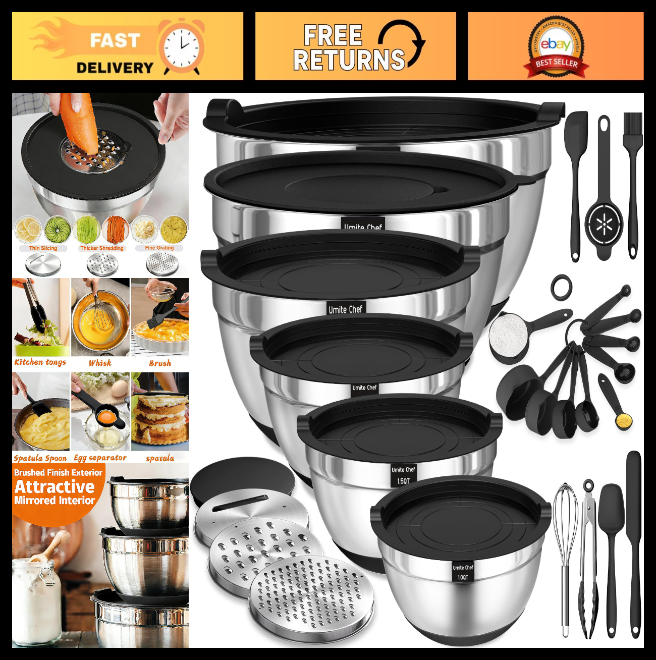 Heavy Duty 26pcs Stainless Steel Mixing Bowl Set with Lids & Grater, Non Slip, 70