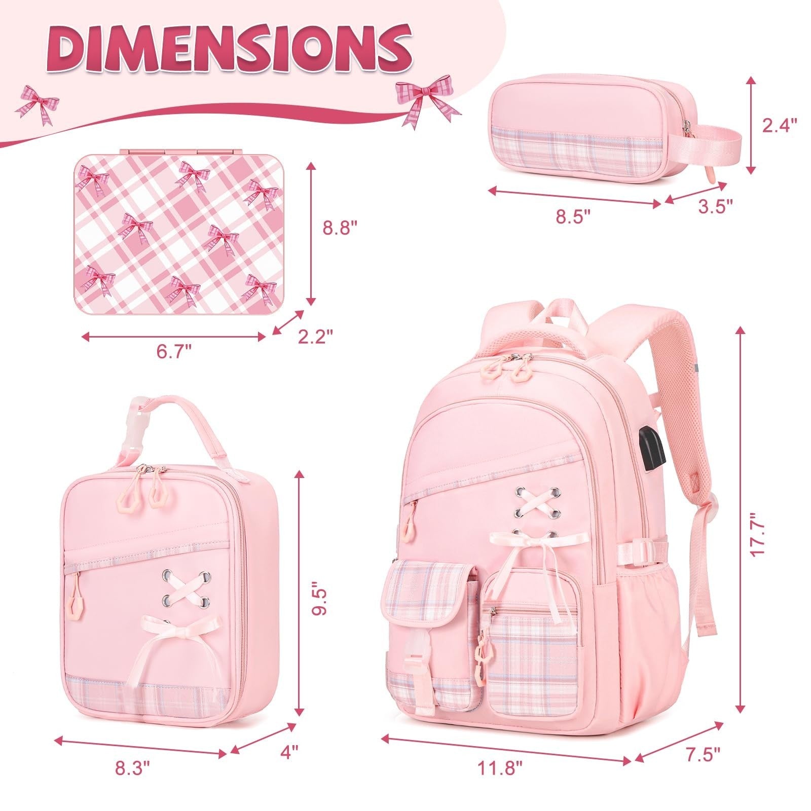 6PCS Girls Backpack Set with Lunch Bag, Bento Box & Pencil Pouch   Plaid School2