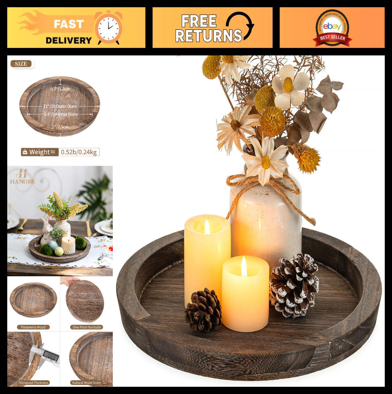 Rustic Wooden Coffee Table Tray - Round Decorative Serving Plate & Candle Holder0