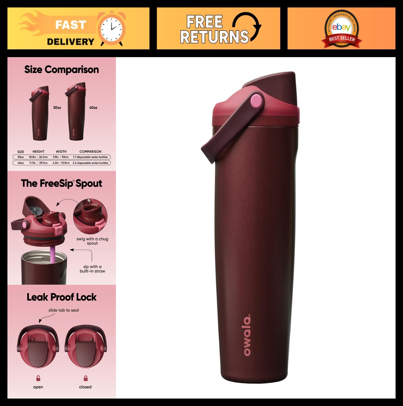 Insulated Stainless Steel Water Bottle 30oz   Two Way Spout, Built In Straw, Lea0