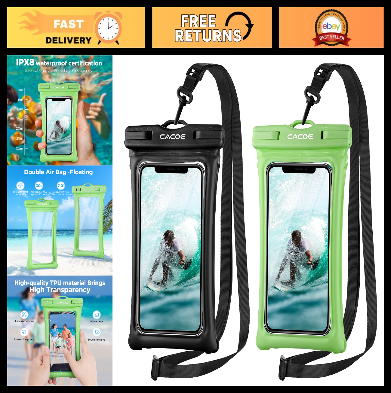 Waterproof Phone Pouch 2 Pack   Floatable IPX8 Case for 7" Phones, Lanyard, Dry16