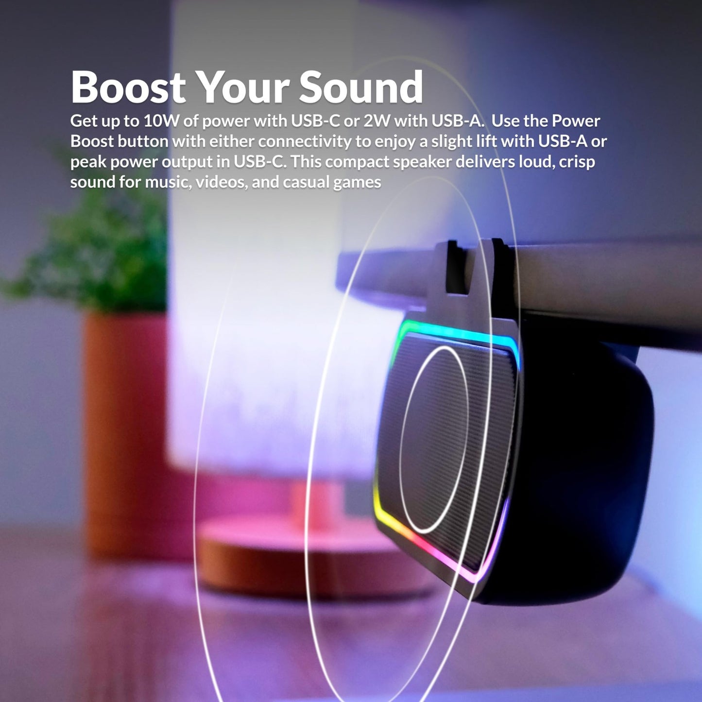 USB Powered Speaker Bar with LED Lights for PC & Mac, Clamps to Monitors, Music6