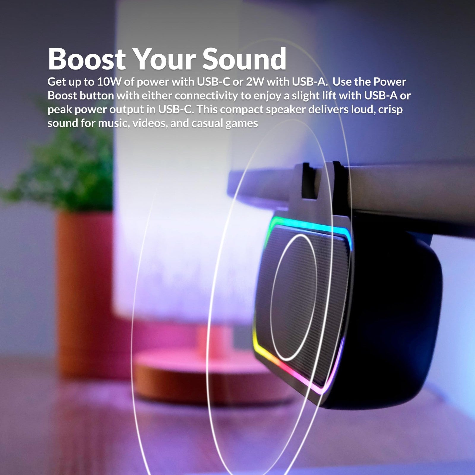 USB Powered Speaker Bar with LED Lights for PC & Mac, Clamps to Monitors, Music6