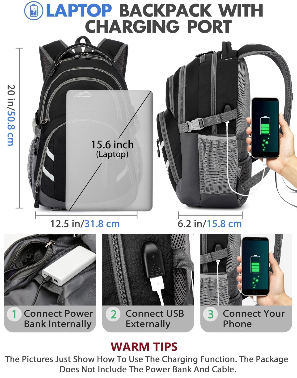 College Laptop Backpack, Travel Bookbag with USB Charging Port, Anti Theft, Fits3