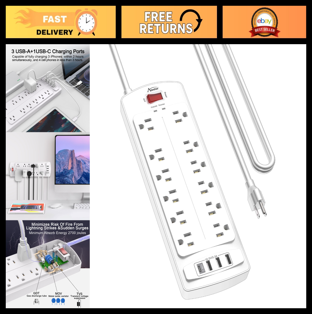 Surge Protector Power Strip with 12 Outlets & 4 USB Ports, 10ft Cord, 2700J ETL0