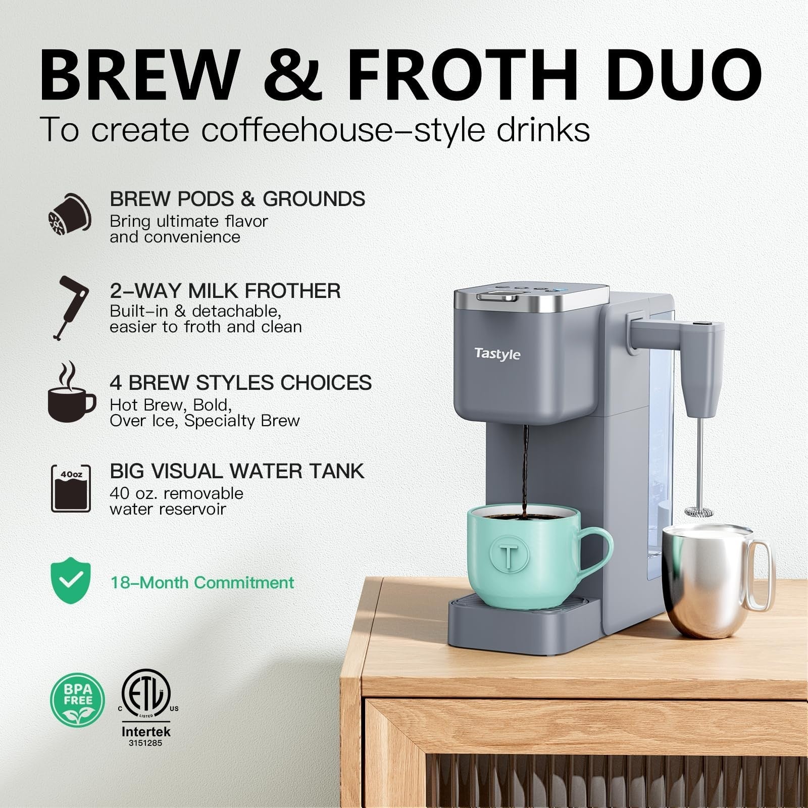 Single Serve Coffee Maker with Milk Frother, 40oz Tank, 6 Brew Sizes, BPA Free3