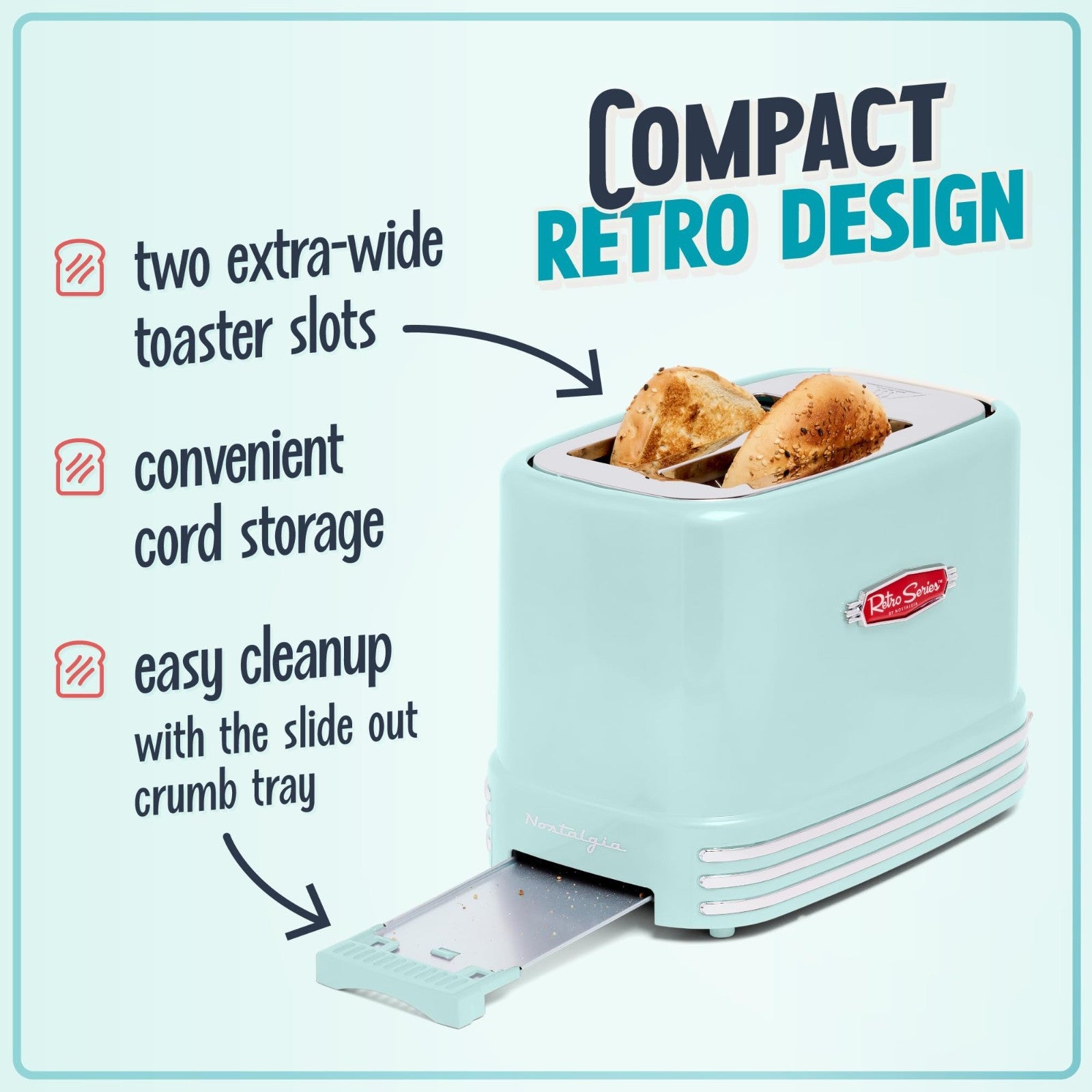 Wide 2 Slice Toaster for Bread, Bagels & Muffins   5 Browning Levels, Aqua3