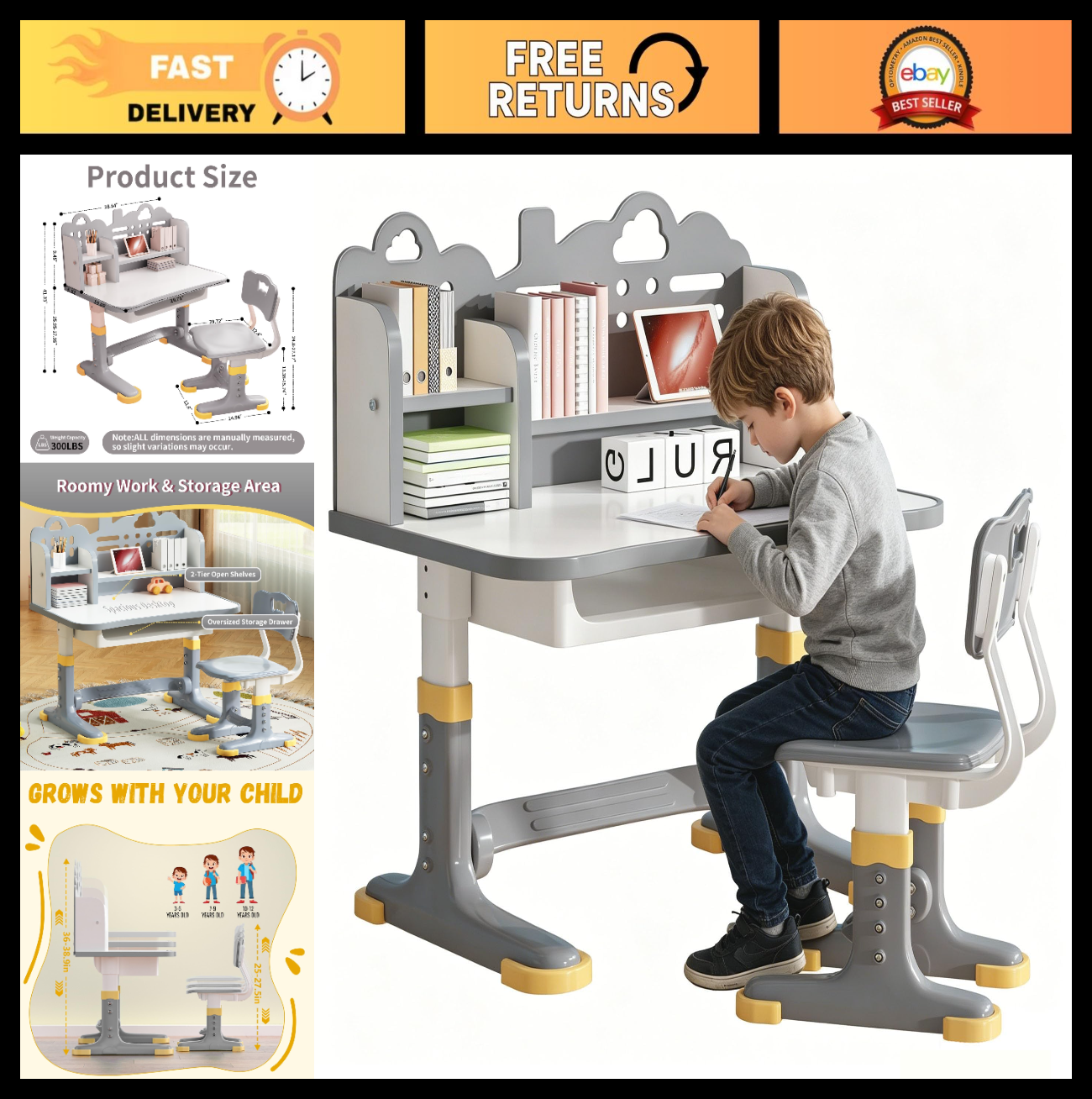 Height Adjustable Kids Study Desk & Chair Set for Ages 3 12   Learning Furniture0