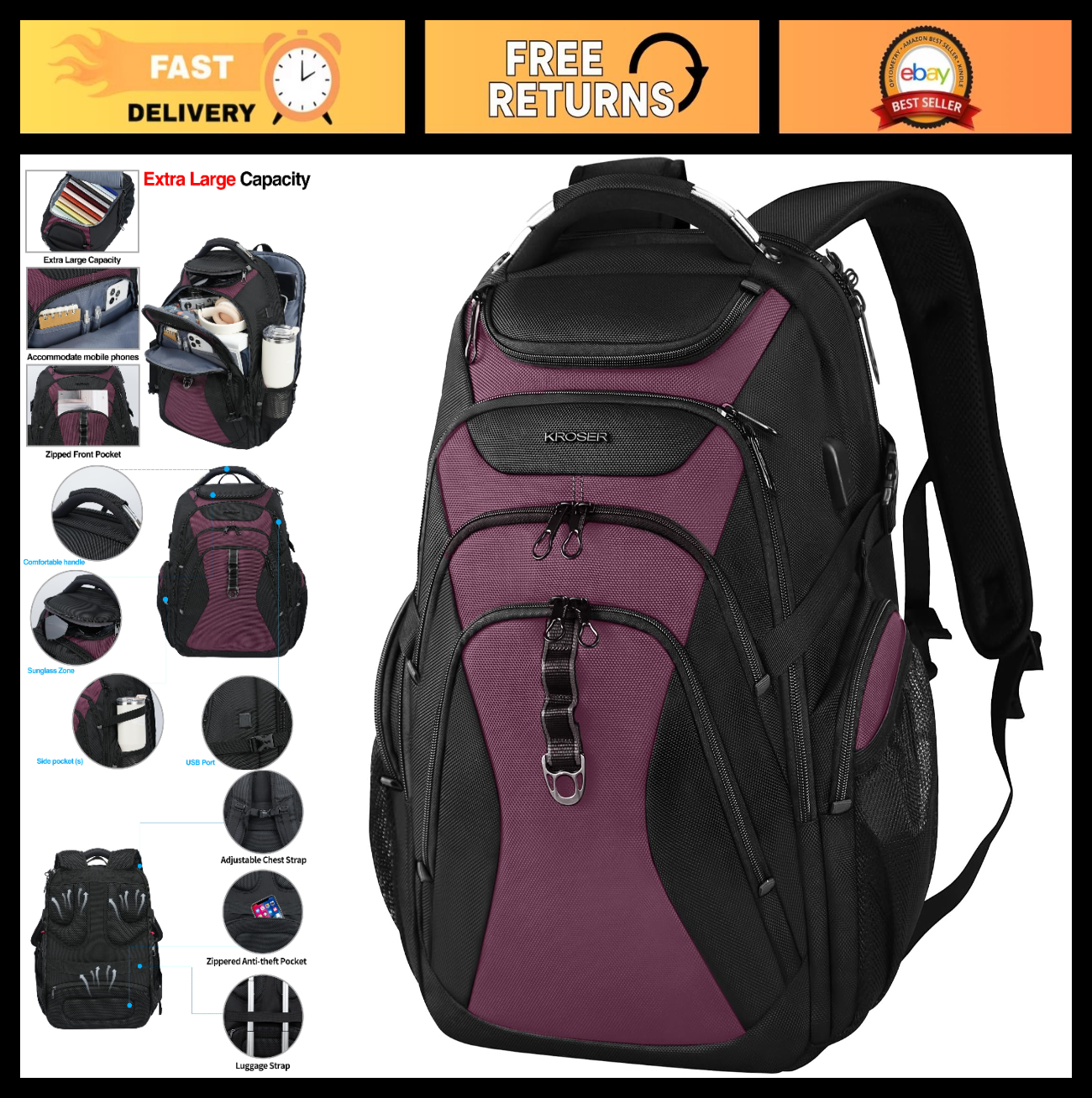 Spacious 17.3 Inch Laptop Backpack for Men   Stylish Black & Burgundy Design0
