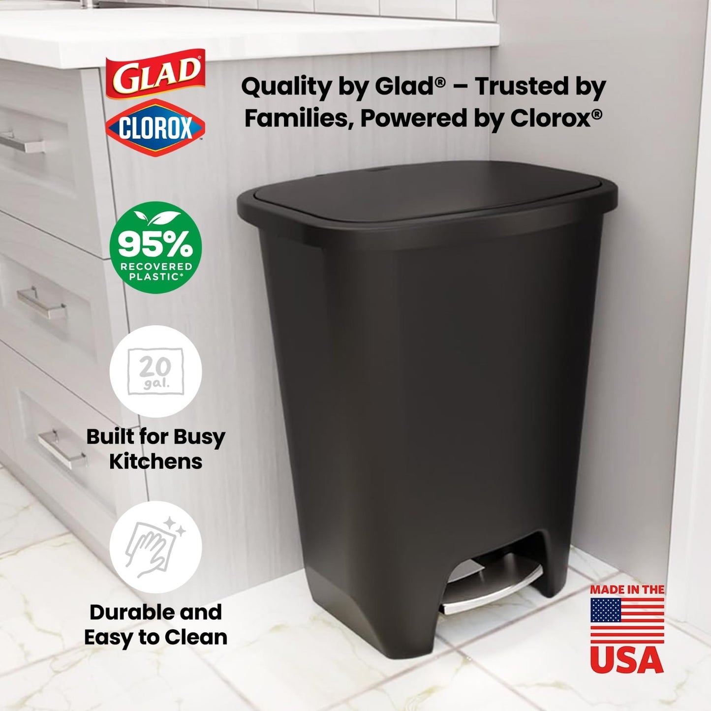 20 Gallon Kitchen Trash Can with Clorox Odor Control, Hands-Free Pedal, Black5