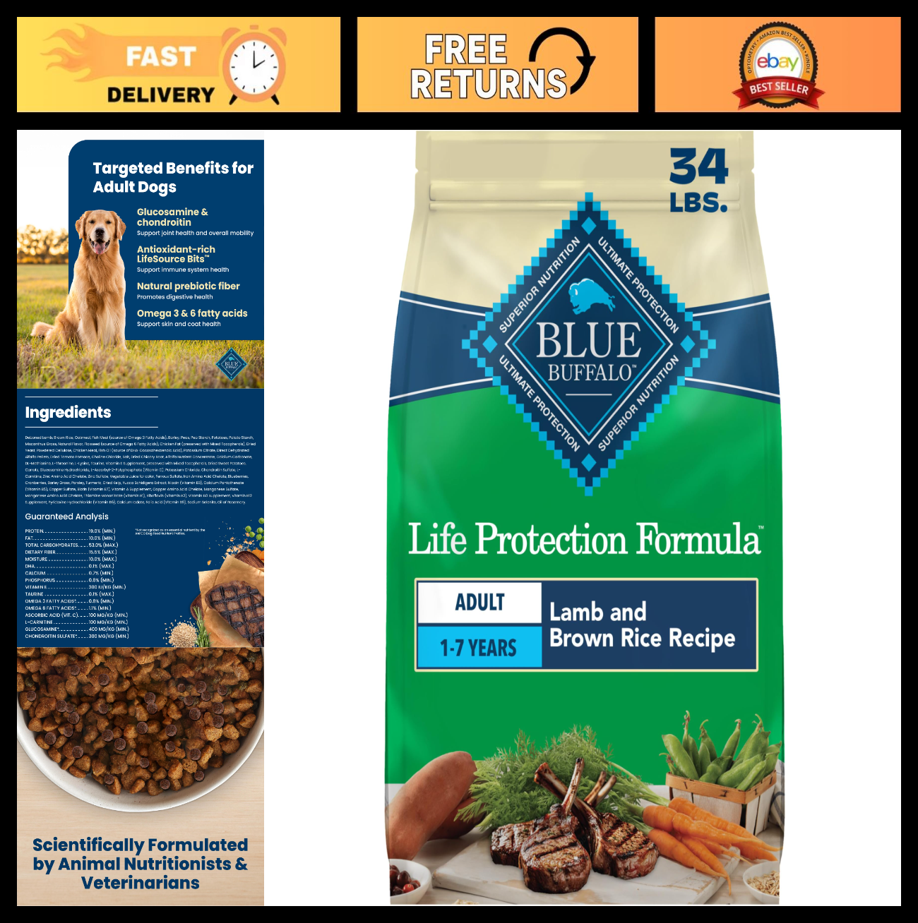 Lamb & Brown Rice Adult Dry Dog Food, 34 lb   Life Protection Formula, Healthy N0