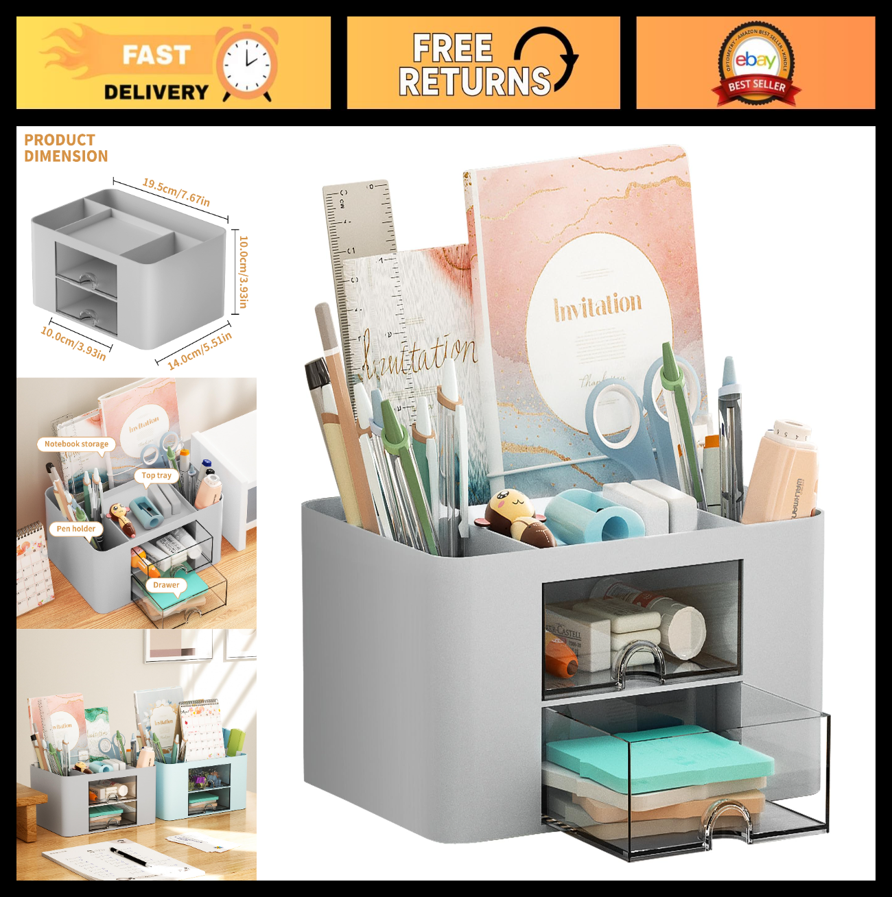 Multi Functional Desk Organizer with 2 Drawers, 5 Compartments, Pencil Holder, G0