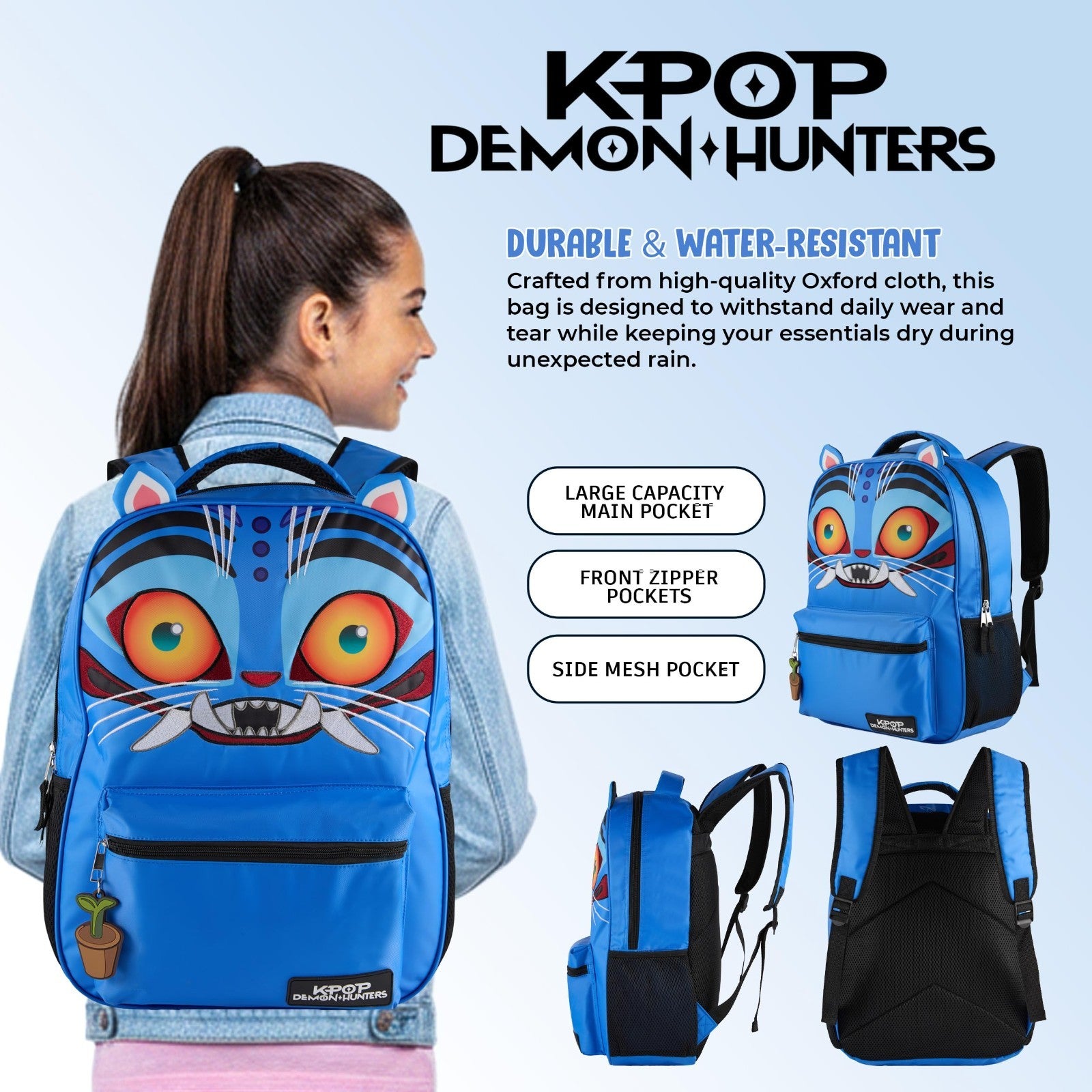 K Pop Demon Hunters 16" Girls Backpack   3D Ears, Embroidery, Rubber Charm4
