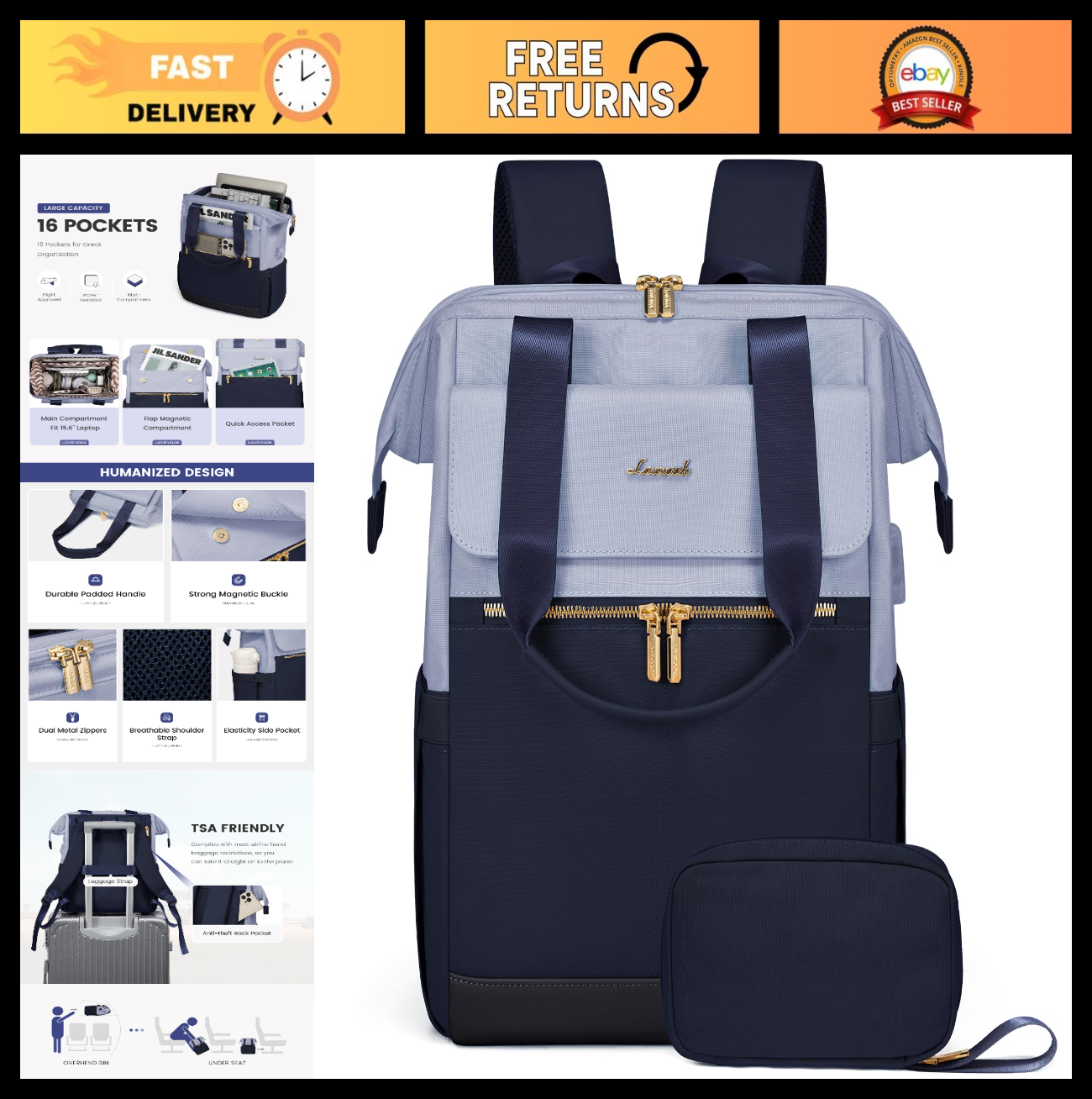 Stylish 15.6" Laptop Backpack for Women, USB Port, Waterproof Travel Bag, Organi0