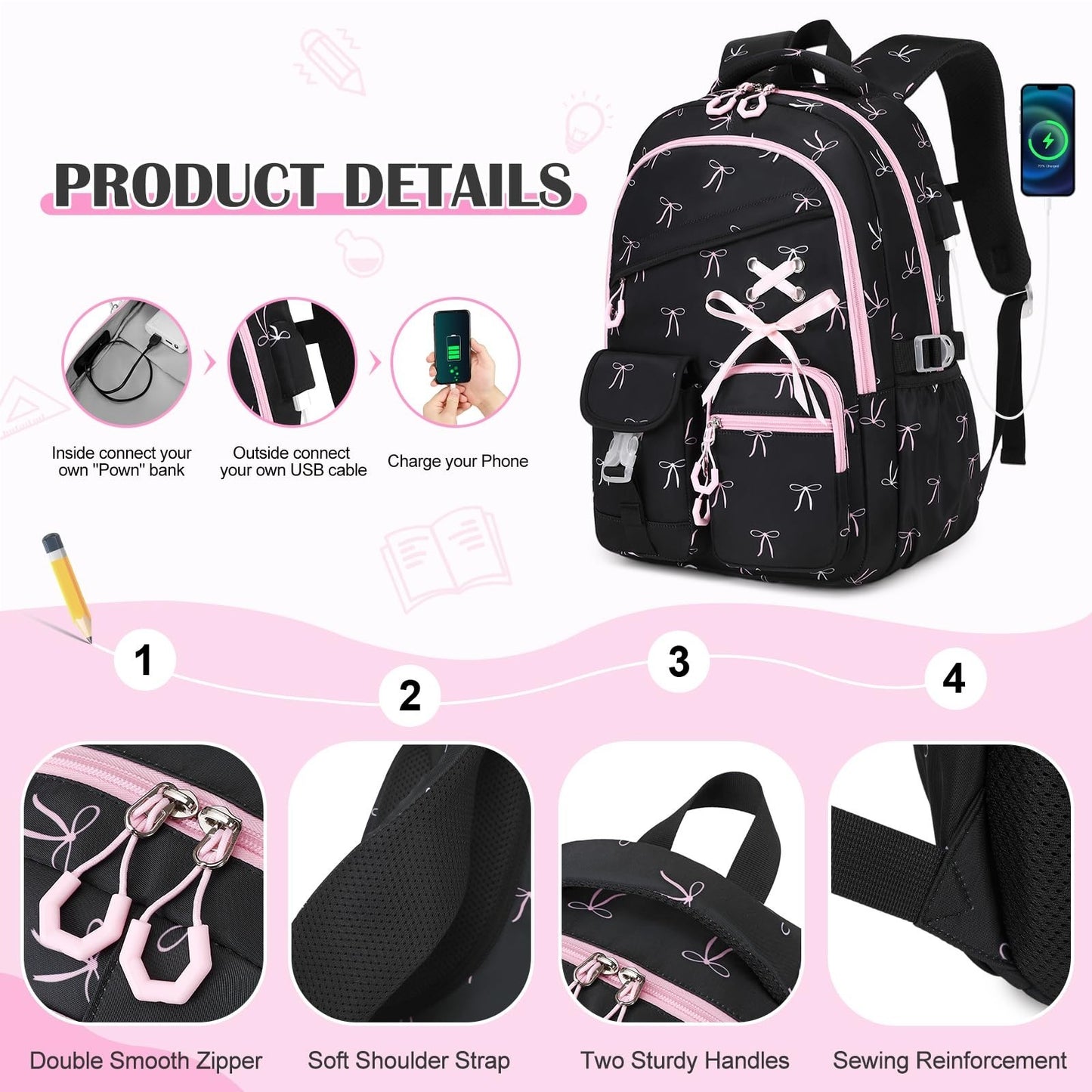 Girls Backpacks Set   6PCS with Insulated Water Bottle, Lunch Bag & Pencil Pouch5
