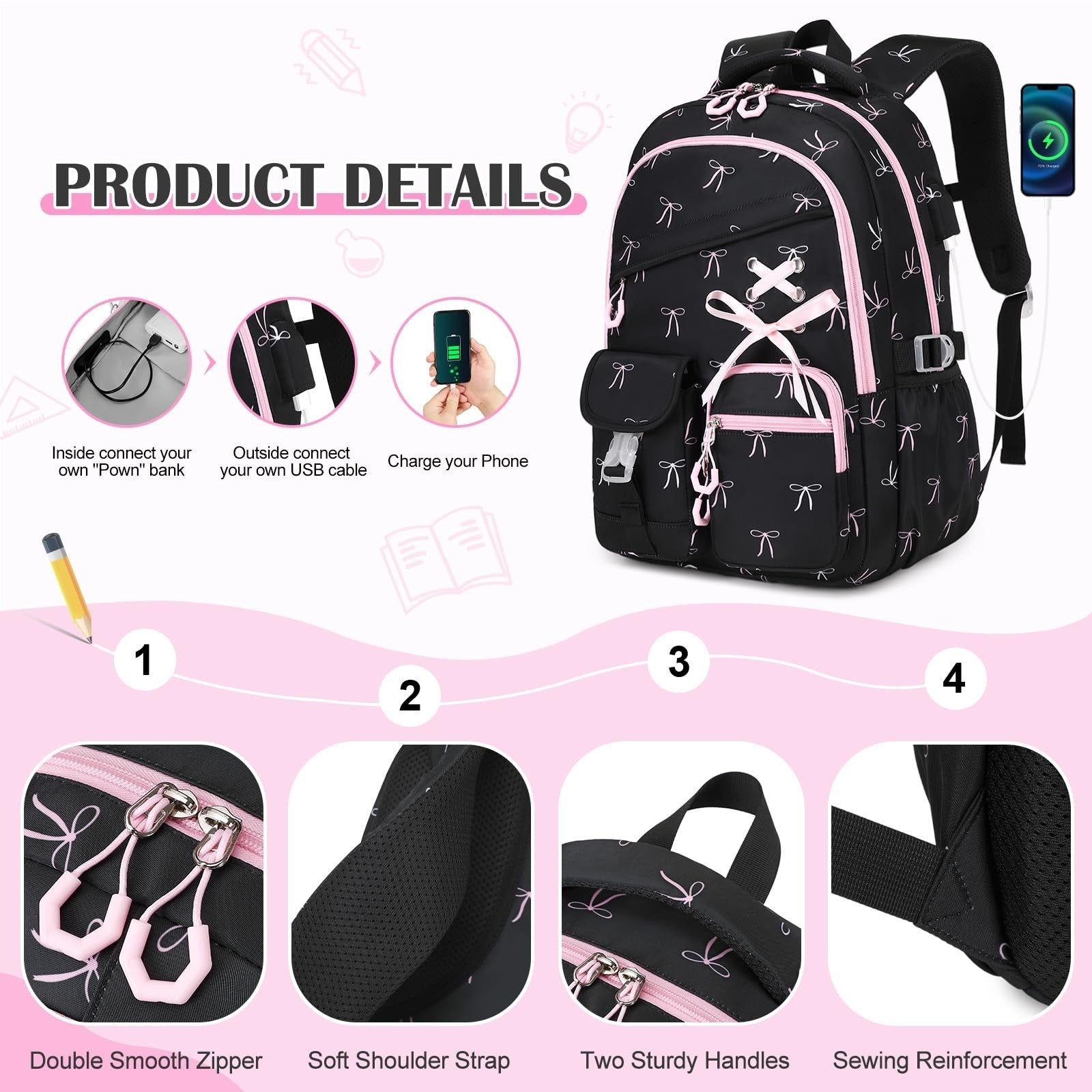 Girls Backpacks Set   6PCS with Insulated Water Bottle, Lunch Bag & Pencil Pouch5