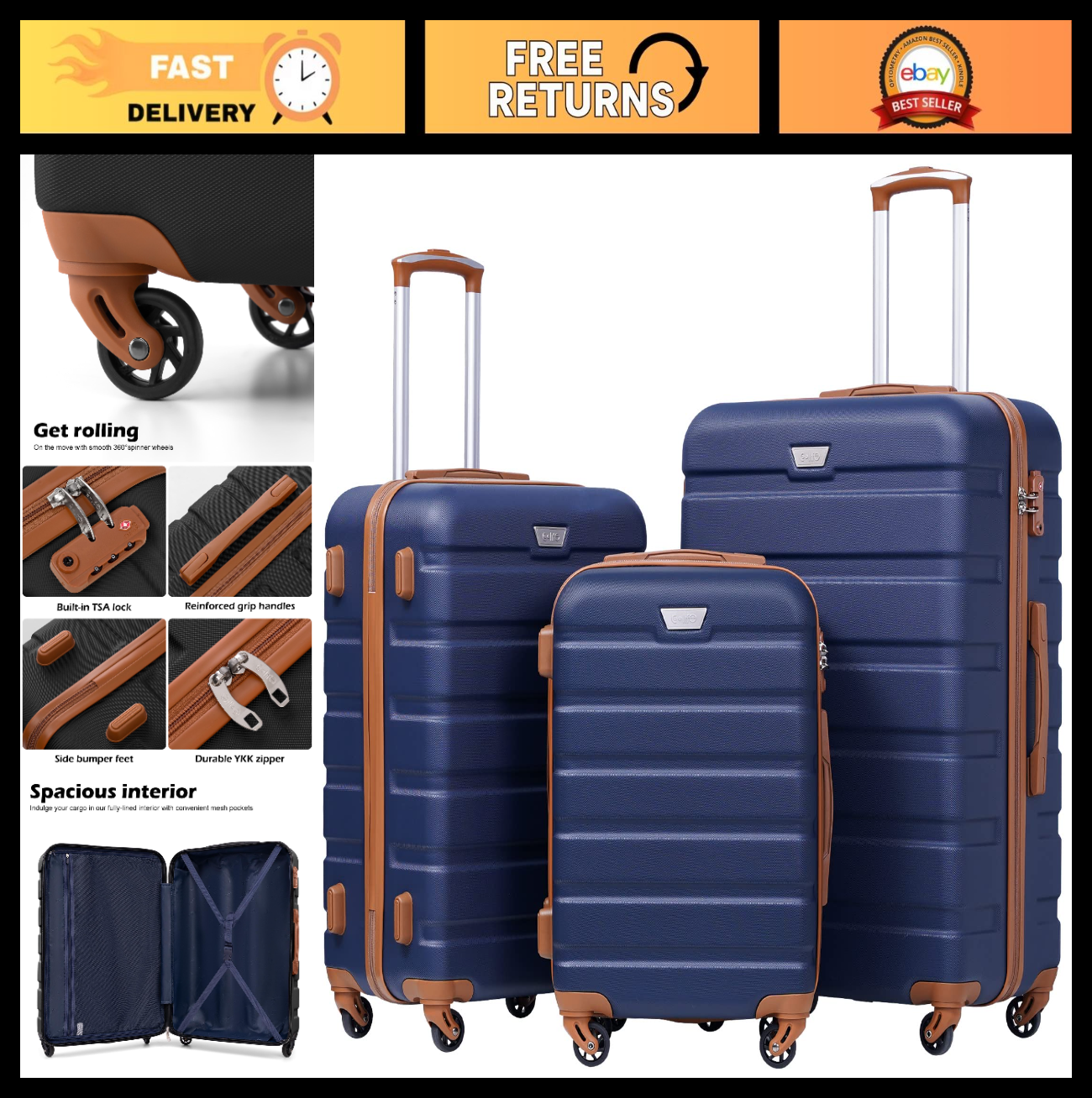 Lightweight 3-Piece Hardshell Luggage Set, 360° Spinner Wheels, TSA Lock, Family0