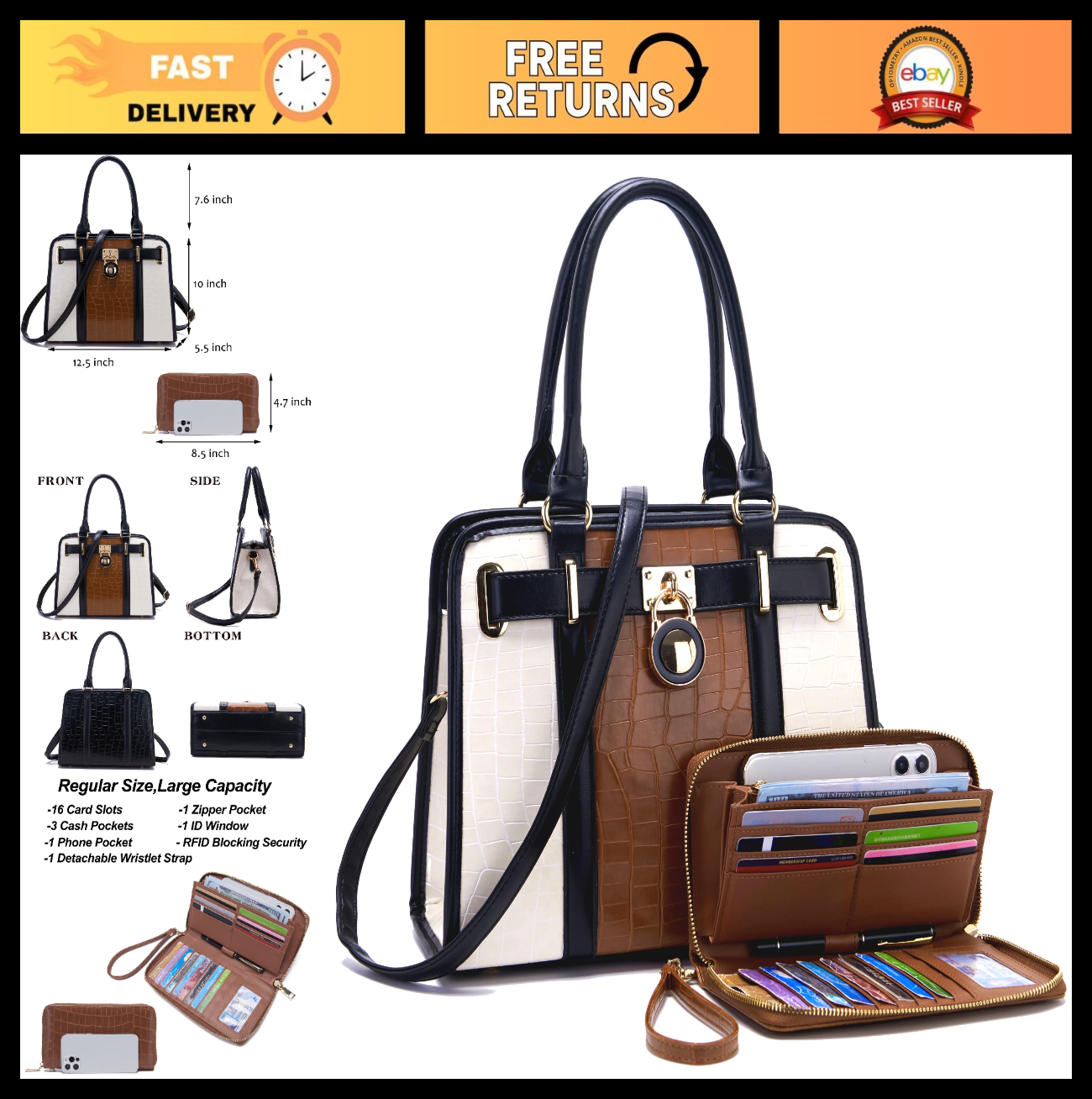 Stylish Women's Structured Satchel Tote Handbag Set with RFID Wallet - Chic Purs0