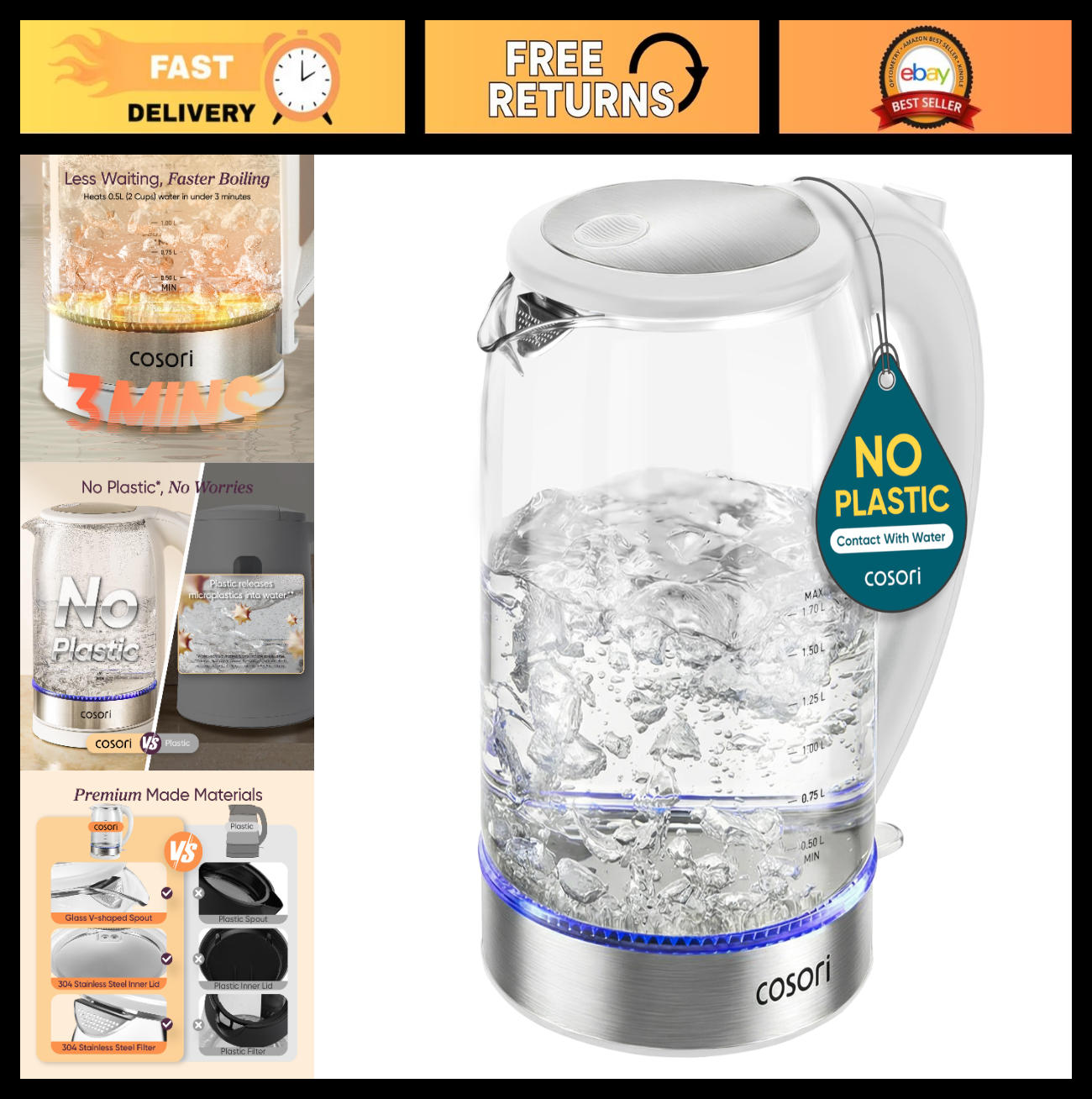Electric Kettle 1.7L Borosilicate Glass, No Plastic Contact, Auto Shut Off, Easy0
