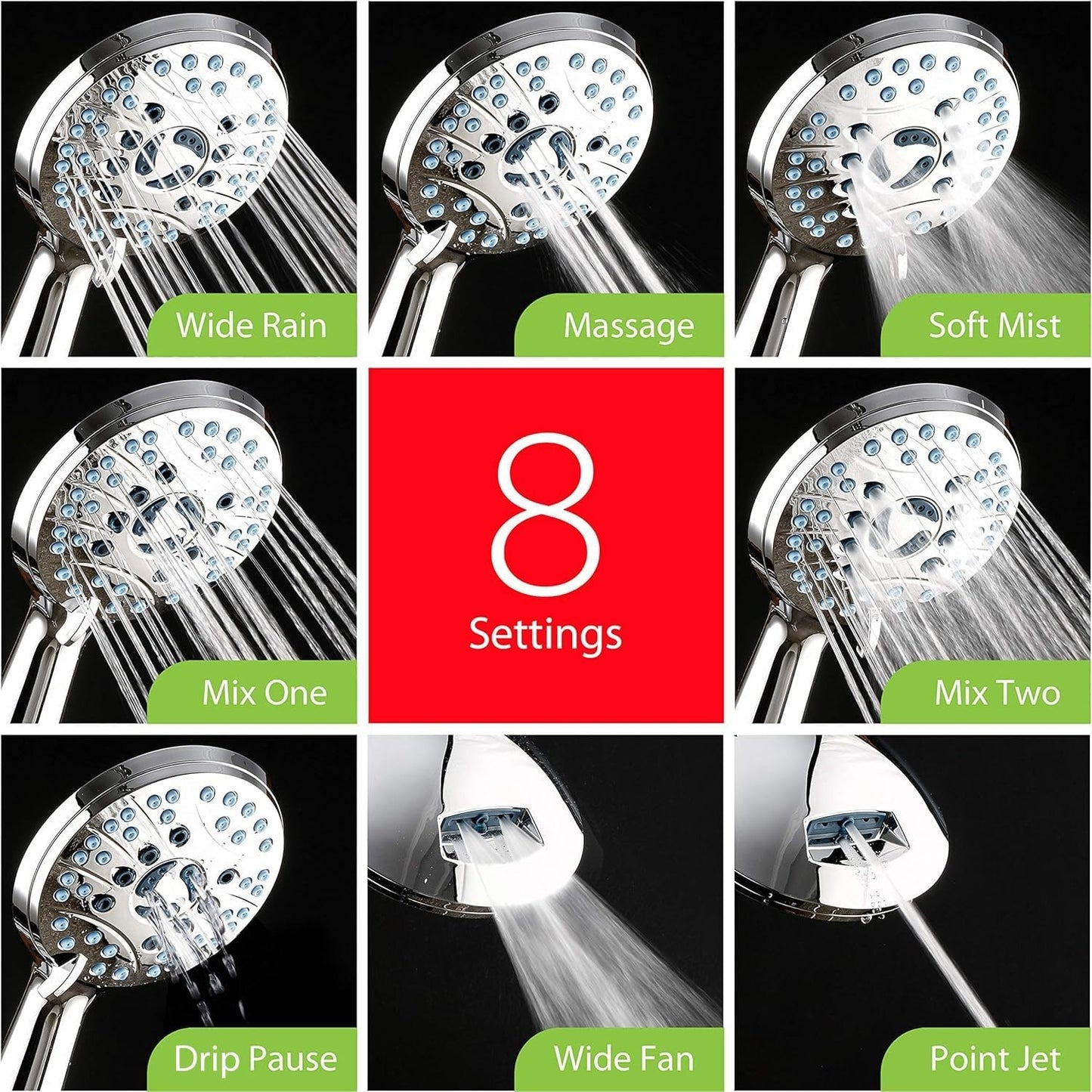 High Pressure 8 Mode Handheld Shower Head | Power Wash, Stay Clean Nozzles, 6ft3