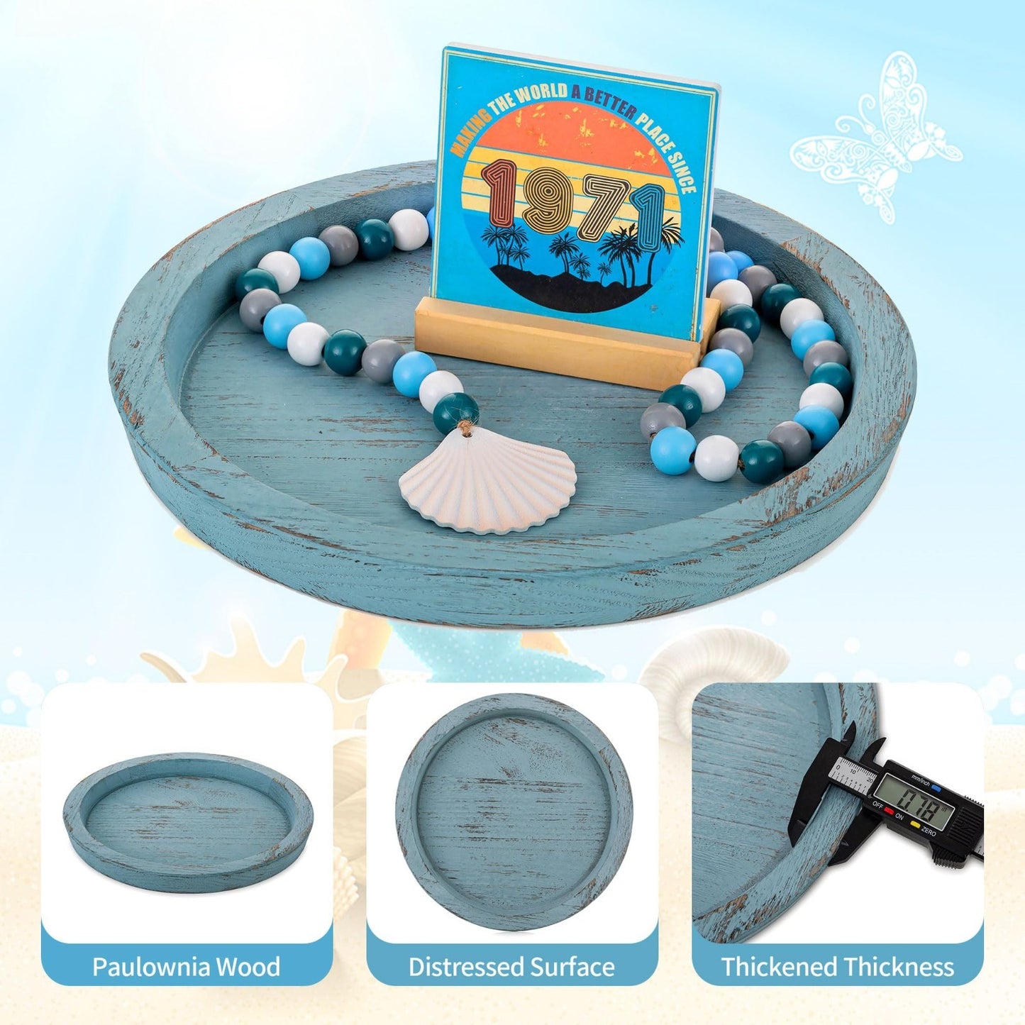 Coastal Farmhouse Decorative Tray - Round Wooden Ocean Style Centerpiece for Bea5